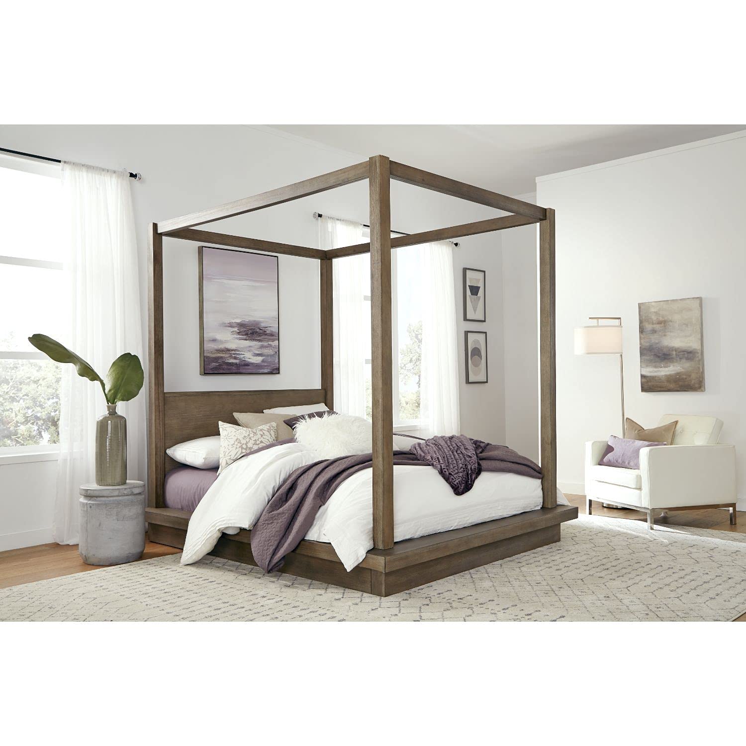 Modus Melbourne Queen Size Canopy Bed Frame in Dark Pine Finish - Elegant & Sturdy Bedroom Furniture for Master Suite or Guest Room
