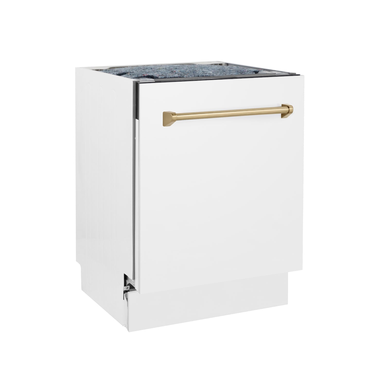 ZLINE Autograph Edition 24 Inch 3rd Rack Top Control Tall Tub Dishwasher - White Matte Finish with Champagne Bronze Handle, 51dBA Quiet Operation (DWVZ WM 24 CB) - Perfect for Modern Kitchens and Open Concept Homes