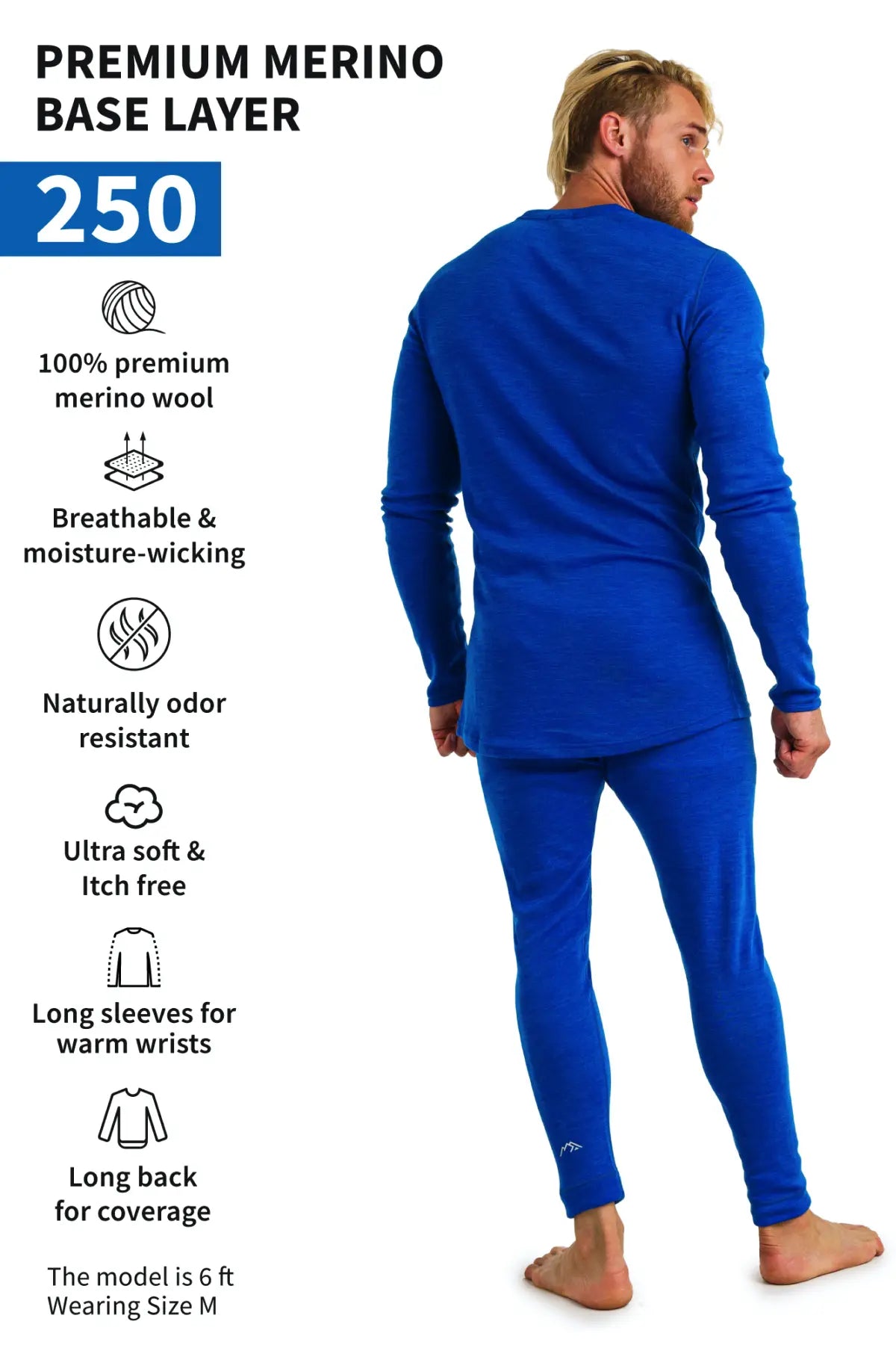 Men's 250 Merino Wool Thermal Underwear Set - Cobalt Blue | Warm Base Layer for Winter, Hiking & Outdoor Activities