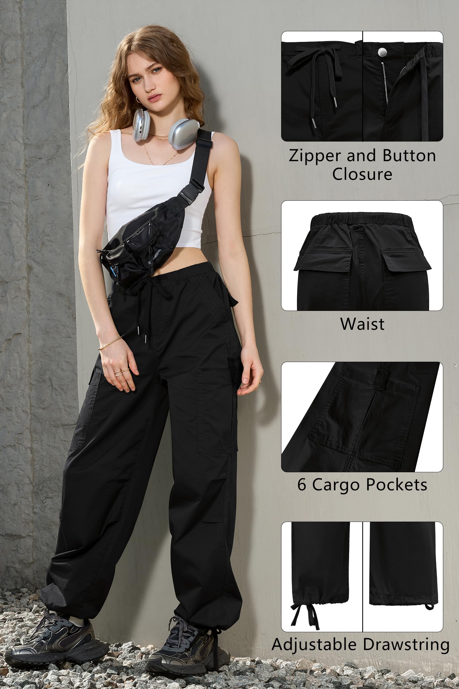 IVIR Women's Cargo Pants - High Waisted Baggy Parachute Pants with 6 Pockets | Y2K Streetwear Joggers for Casual Wear, Hiking & Urban Fashion