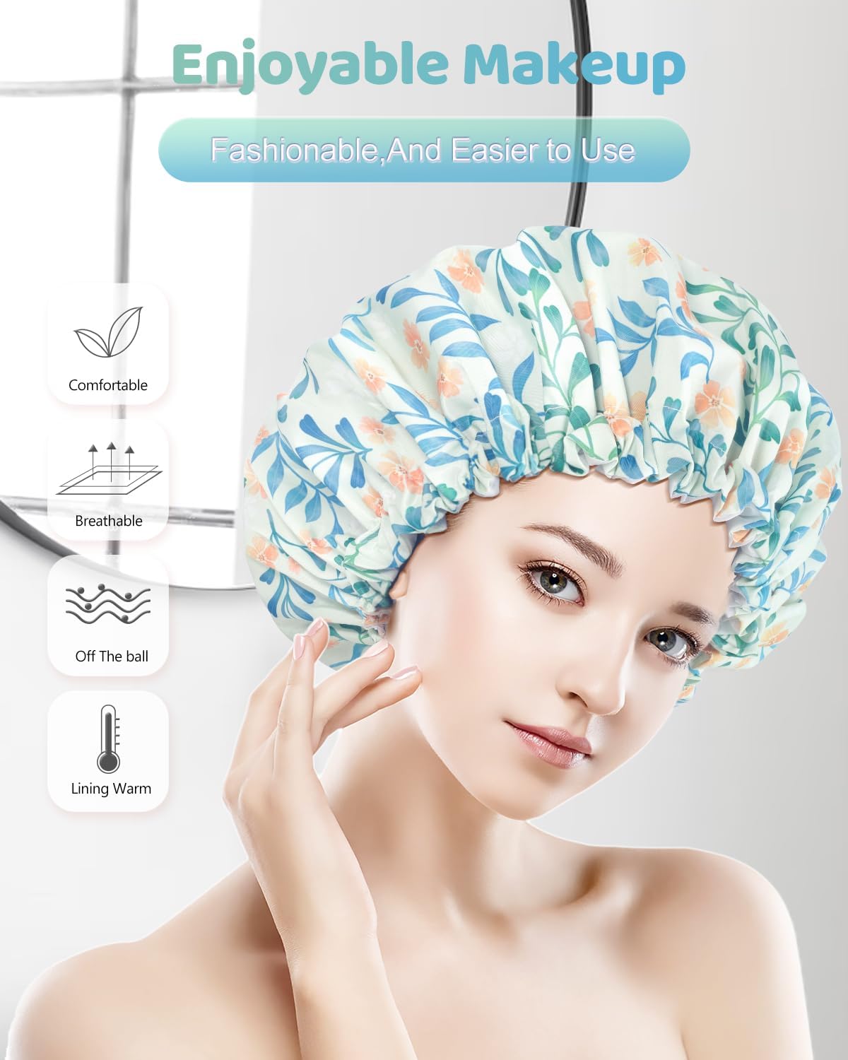 Waterproof Shower Caps for Women - Double Layer Reusable Bath Cap with EVA Lining for All Hair Lengths | Soft & Large Shower Cap for Swimming, Spa, Hair Care & Travel