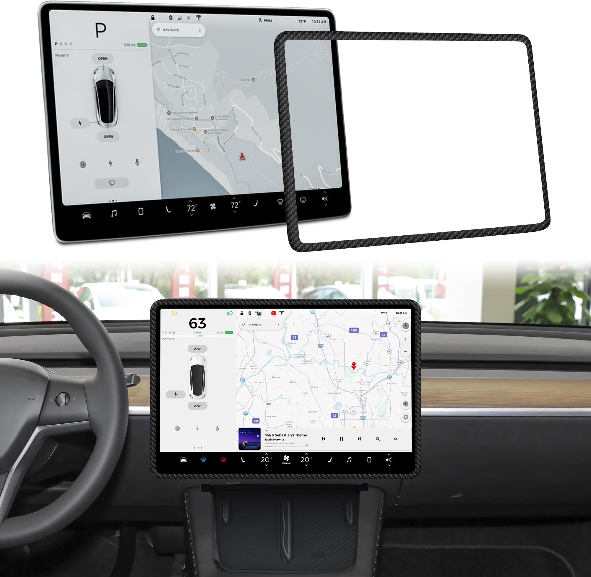 Premium Carbon Fiber Screen Frame Protector for Tesla Model 3 (2017-2025) & Model Y (2020-2025) - Interior Dashboard Decor Accessories | Scratch Protection & Stylish Upgrade for Your Tesla's Touchscreen Display