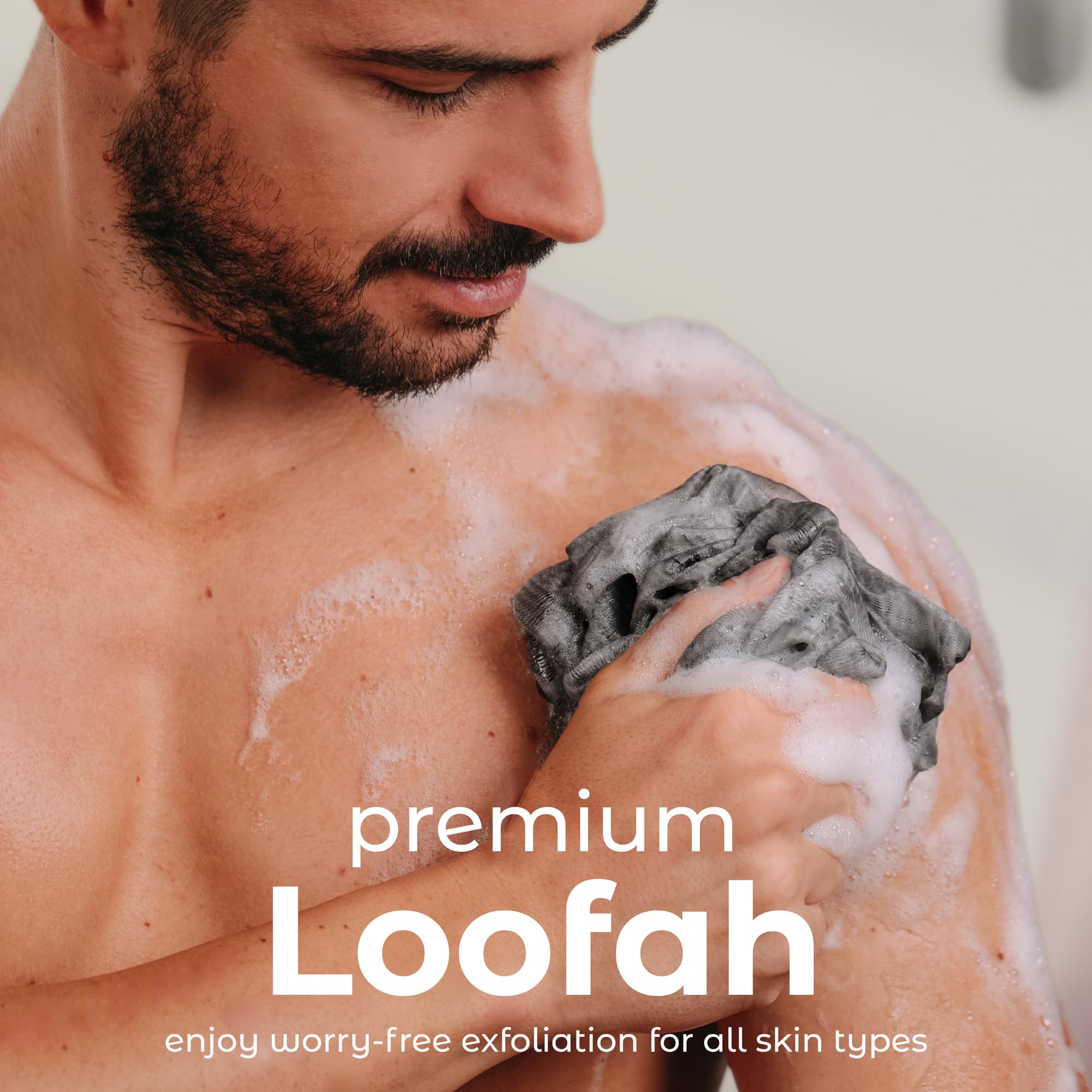 Premium Charcoal Infused Bath & Shower Loofah Sponge Pouf - Exfoliating Body Scrubber for Deep Cleansing (Set of 3) | Gentle Skin Exfoliation & Detox | Perfect for Daily Shower & Spa Day