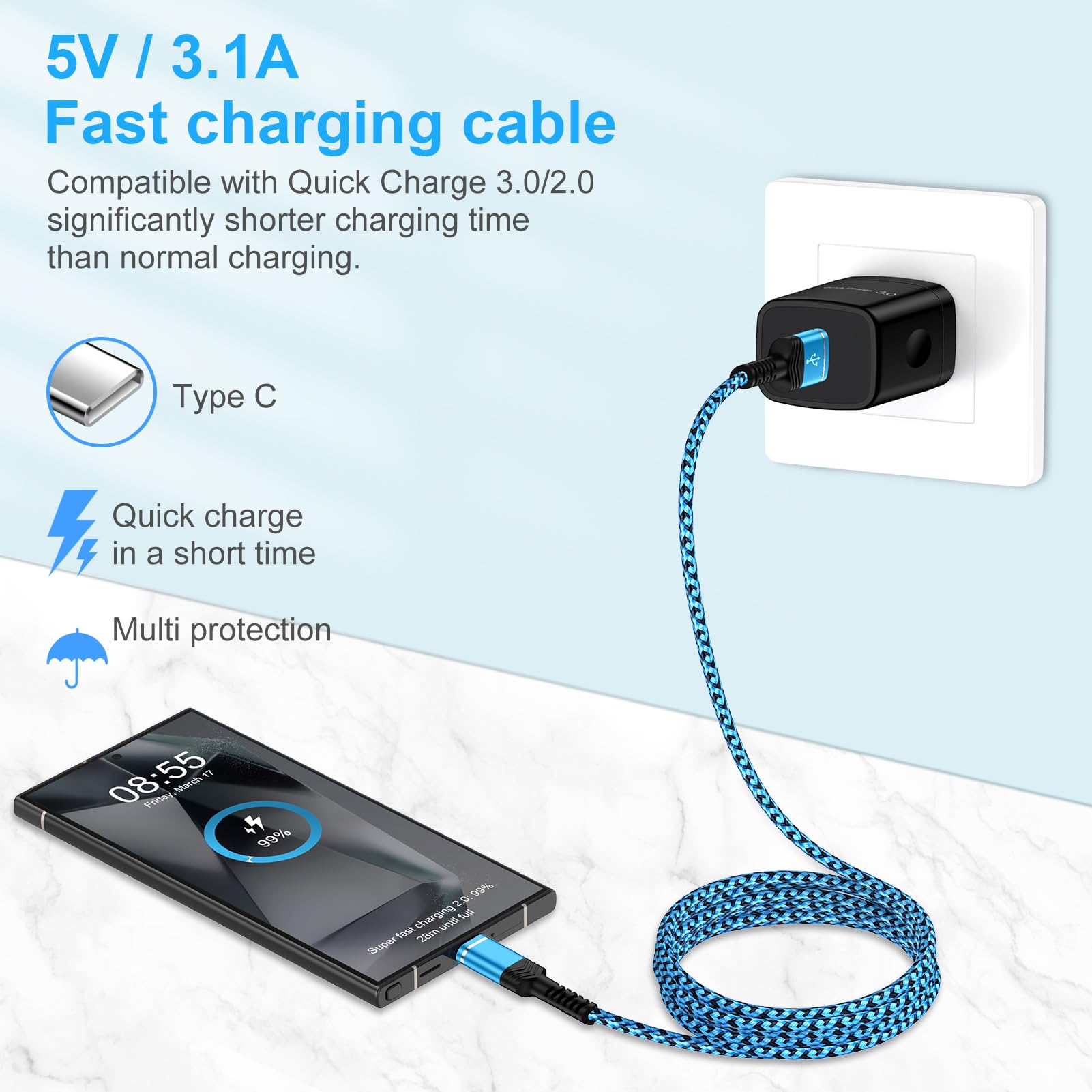 Samsung A15 5G Fast Charging Cable 6FT 2-Pack, 3.1A USB-A to USB-C Charger Cord for Samsung Galaxy A16/A35/A55/S24 Ultra/S23 FE/A25/A14/A54/A13/S22/S21 & iPhone 15 Pro Max/Plus - Perfect for Home, Office, and Travel Charging