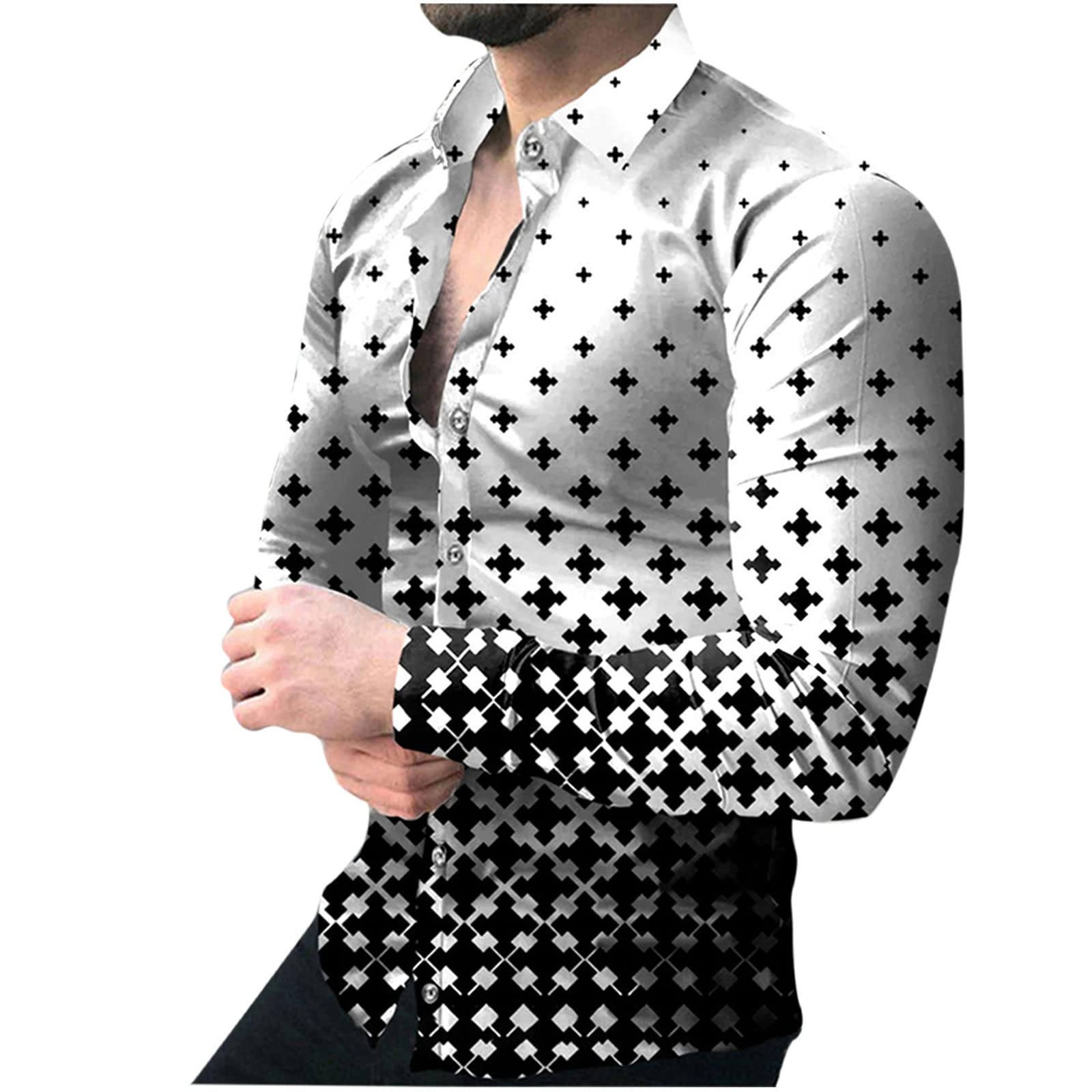 Men's Casual Printed Long Sleeve Dress Shirts - Spring Fashion Business Henley Tops with Lapel (Plus Size Available) - Perfect for Office Wear, Date Nights & Smart Casual Outfits