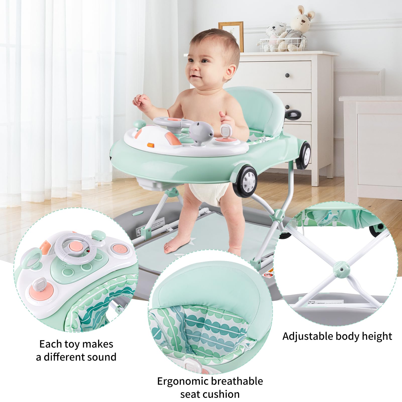 Best 5-in-1 Baby Walker with Wheels - Adjustable Height & Speed Control, Musical Activity Center for Infants 7-18 Months (Green) - Perfect for Learning to Walk, Playtime & Indoor Exploration