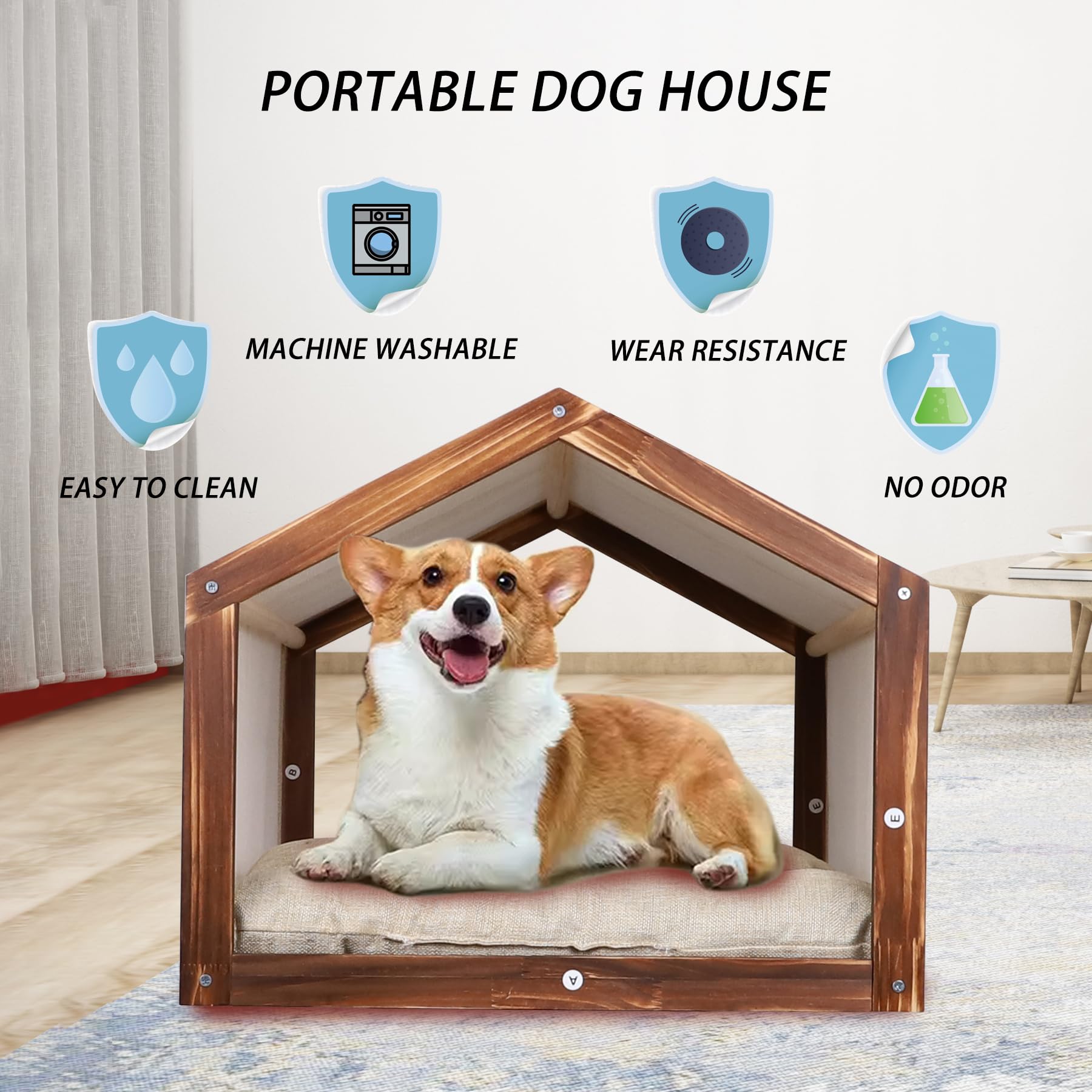 Wooden Frame Dog House for Small Dogs & Cats - Indoor Pet House with Soft Fabric Cushion (Beige) | Perfect for Living Room, Bedroom & Patio Use