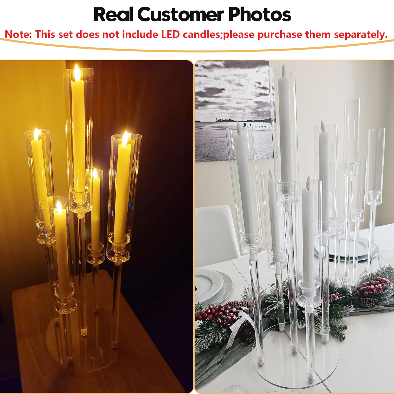 4Pcs Clear Acrylic Candelabra Centerpieces with 5 Arms - Elegant Candlesticks Holder with Lampshade for 0.87
