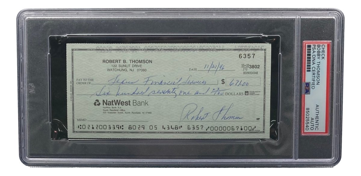 Authentic Bobby Thomson New York Giants Signed Bank Check with PSA/DNA Certification 85025540 - Perfect for Sports Memorabilia Collectors and Baseball Fans