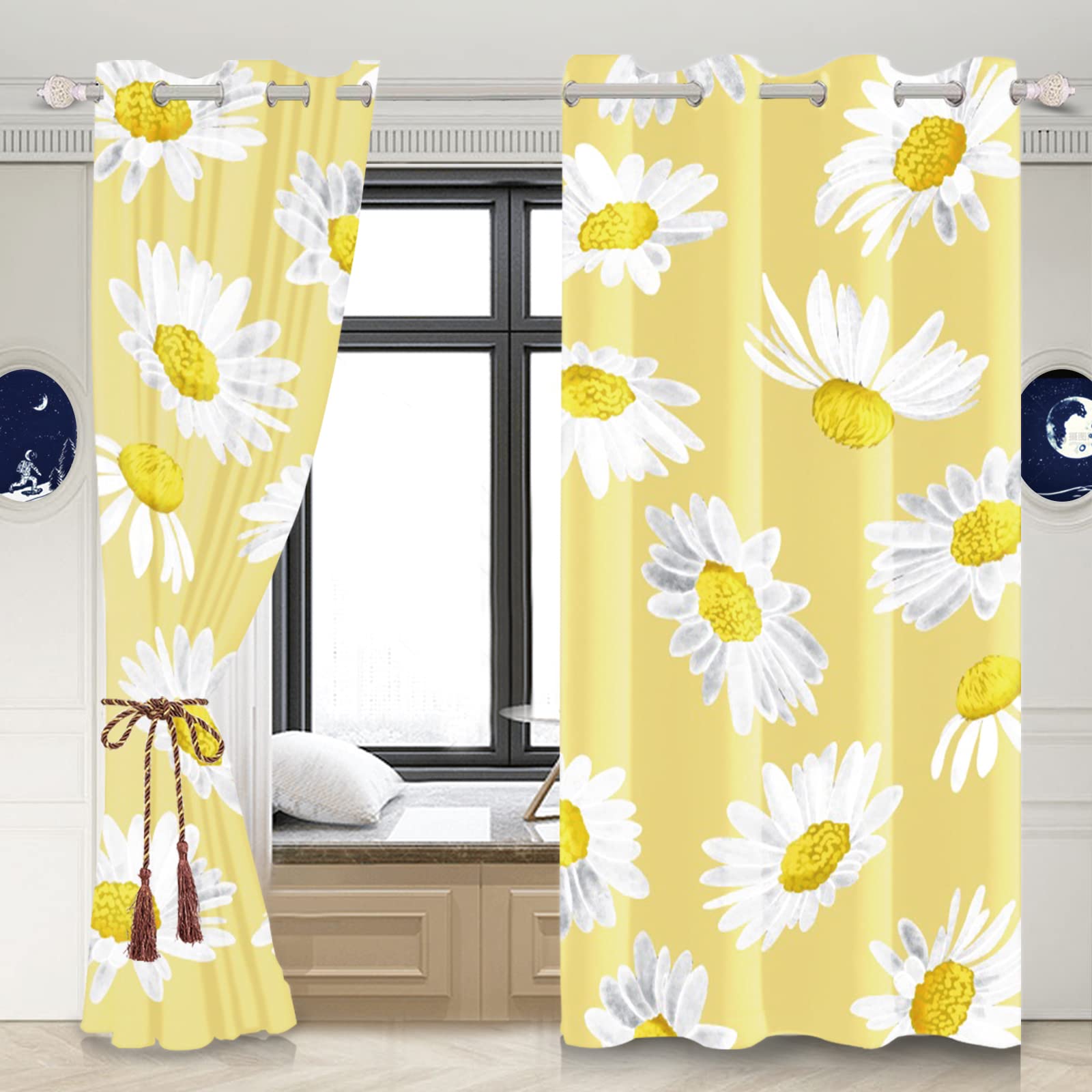 Yeele 42x63 Inch Floral Yellow Curtains - Sunflower Print Thermal Insulated Blackout Window Drapes with Rod Pocket, 2 Panel Set for Bedroom, Living Room & Kitchen | Perfect for Sun Protection, Privacy & Home Decor