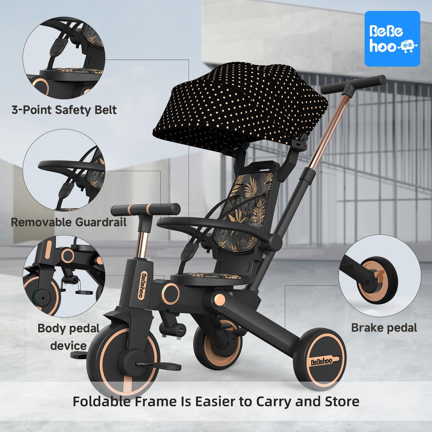 7-in-1 Foldable Tricycle Stroller for Toddlers 1-5 Years - Adjustable Kids Balance Bike with Push Handle, Safe Baby Tricycle for Outdoor Play, Park Rides & Neighborhood Walks (Gold)