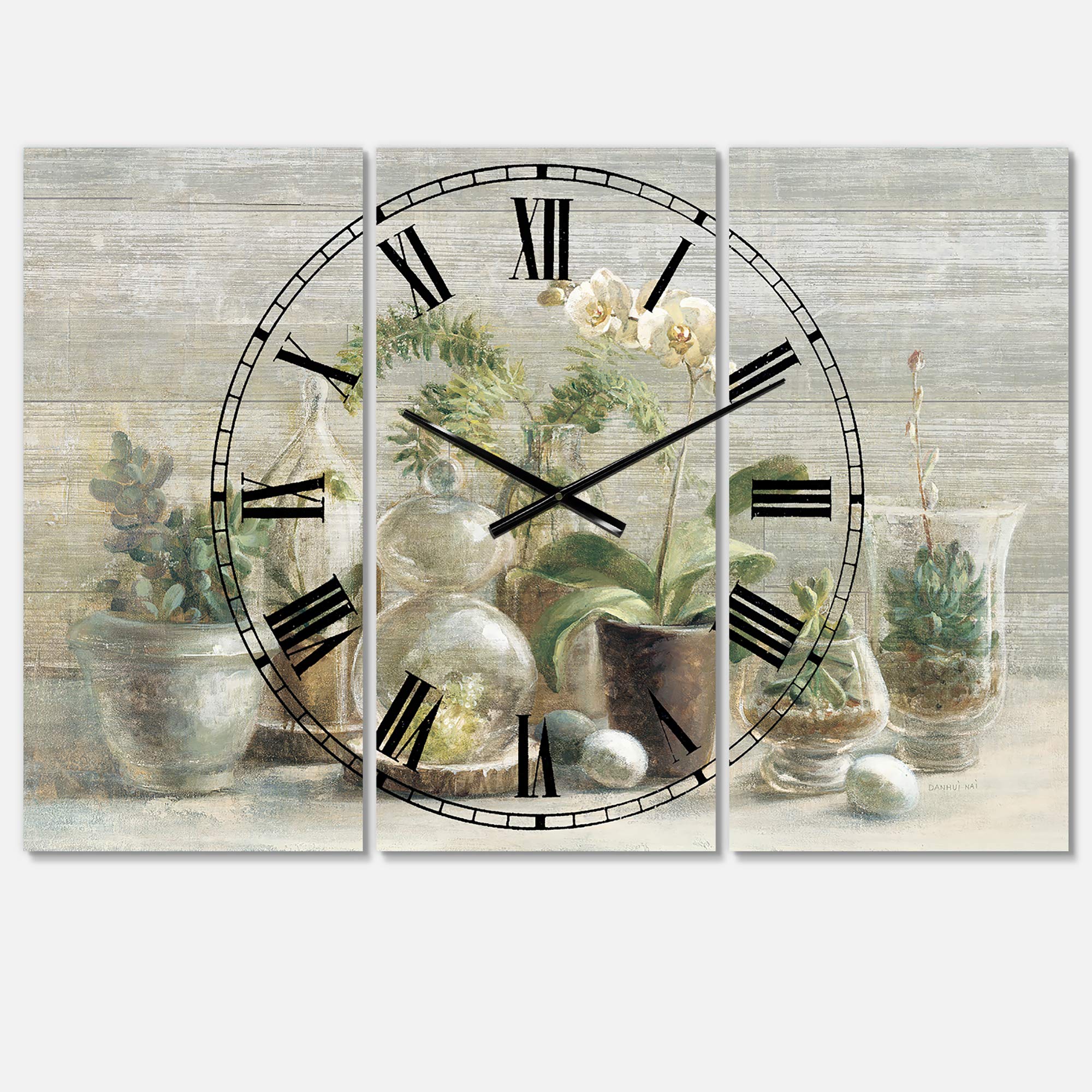 Designart Orchid Composition 3-Panel Traditional Wall Clock - Elegant Metal Wall Art for Home, Living Room, Bedroom & Office Decor | Perfect for Modern & Classic Interior Design Styles