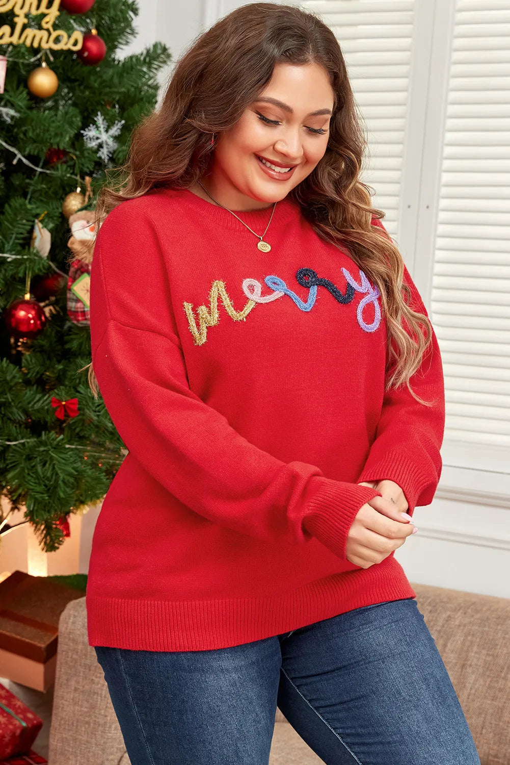 Plus Size Women's MERRY Round Neck Long Sleeve Sweater - Cozy Winter Knit Pullover for Casual Wear & Holiday Outfits
