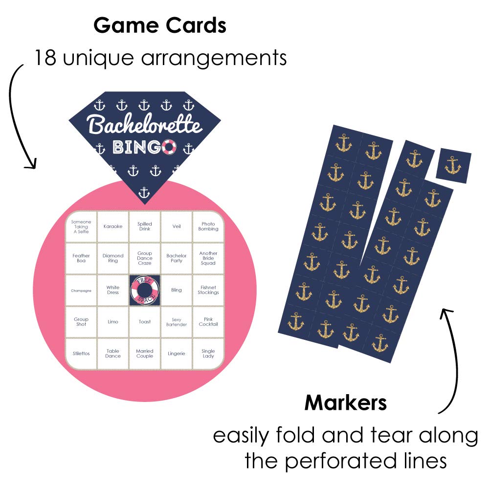 Big Dot of Happiness Last Sail Before the Veil - Nautical Themed Bachelorette Party Bingo Game Set with 18 Cards & Markers - Perfect for Bridal Showers, Beach Weddings & Sailor-Themed Celebrations