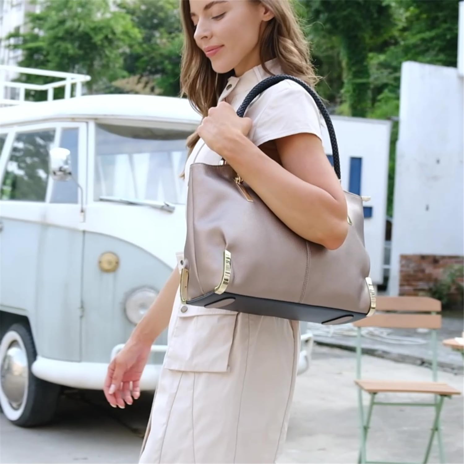 Premium Large Split Leather Zipper Tote Bag with Woven Handle - Stylish Women's Work & Travel Tote - Perfect for Office, Commute & Weekend Getaways