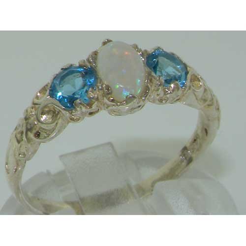 14K White Gold Genuine Opal & Blue Topaz Women's Band Ring - Elegant Stackable Jewelry for Everyday Wear & Special Occasions
