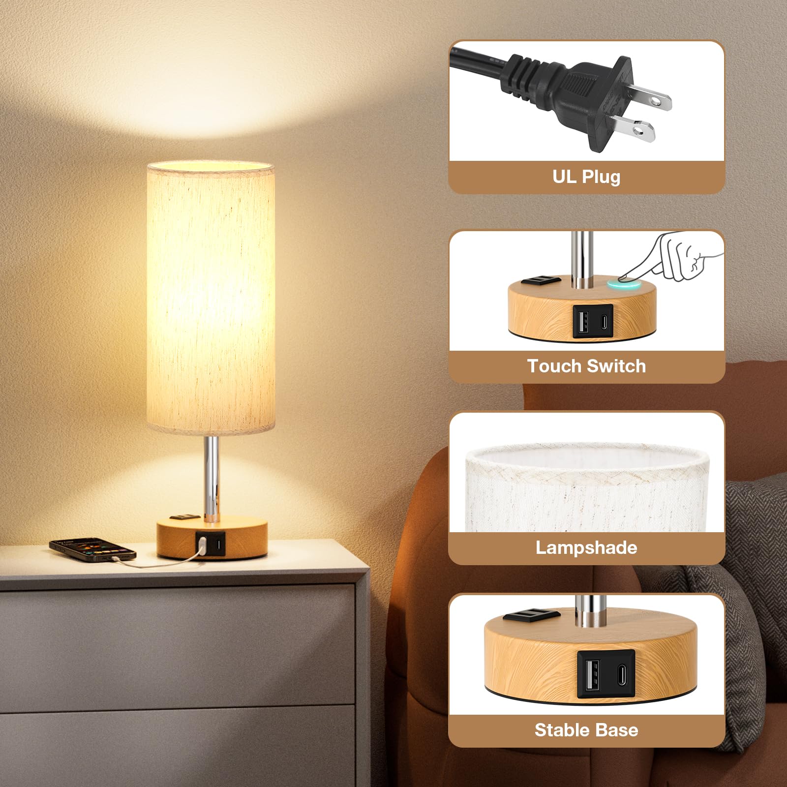 Modern Touch Control Table Lamp Set of 2 - 3-Way Dimmable Bedside Lamps with USB-C & USB-A Charging Ports & AC Outlet, Nightstand Lamps for Bedroom, Living Room, Office, Reading Nook - Perfect for Nighttime Reading, Home Decor & Workspace Lighting