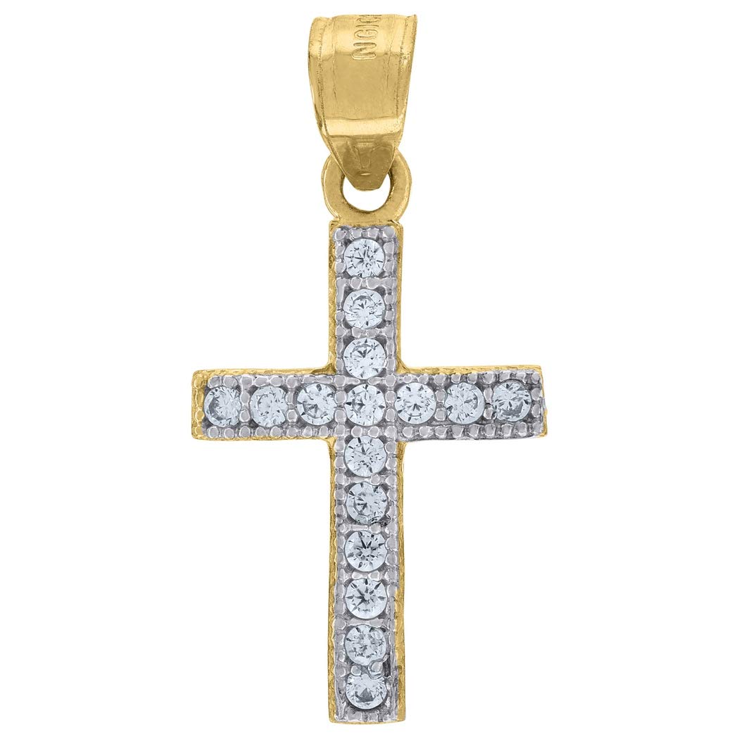 10K Two-Tone Gold Men's & Women's Cubic Zirconia CZ Cross Pendant Necklace - 25x13mm Religious Jewelry Gift for Christmas, Baptism & Everyday Wear