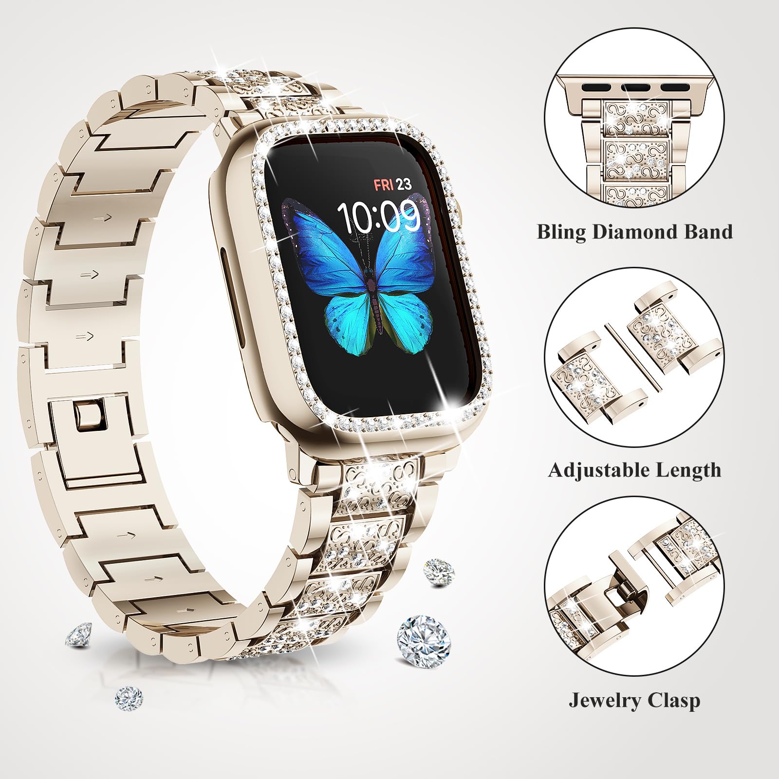 SUPOIX Luxury Bling Diamond Metal Band & 2 Pack Protective Case for Apple Watch Series 9/8/7/6/SE 41mm - Champagne Gold | Women's Fashion Jewelry Watch Accessory | Perfect for Work, Party & Everyday Wear