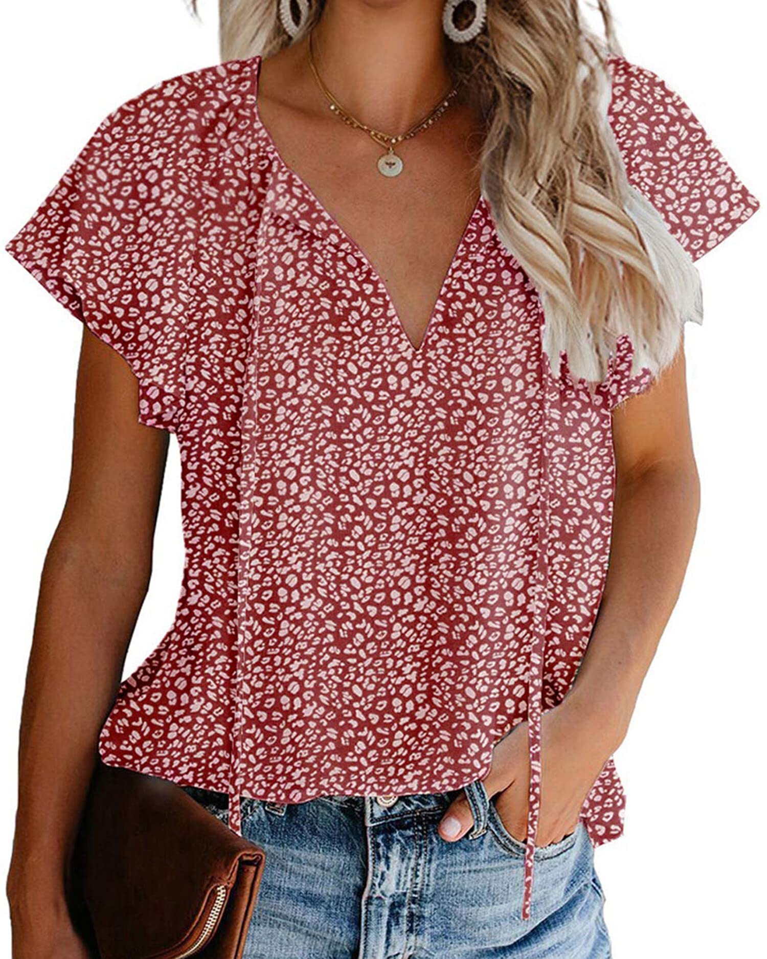 Women's Casual Floral Ruffle Short Sleeve Blouse - Cute Boho V-Neck Loose Top for Summer & Fall | Perfect for Beach Outings, Date Nights & Weekend Brunch