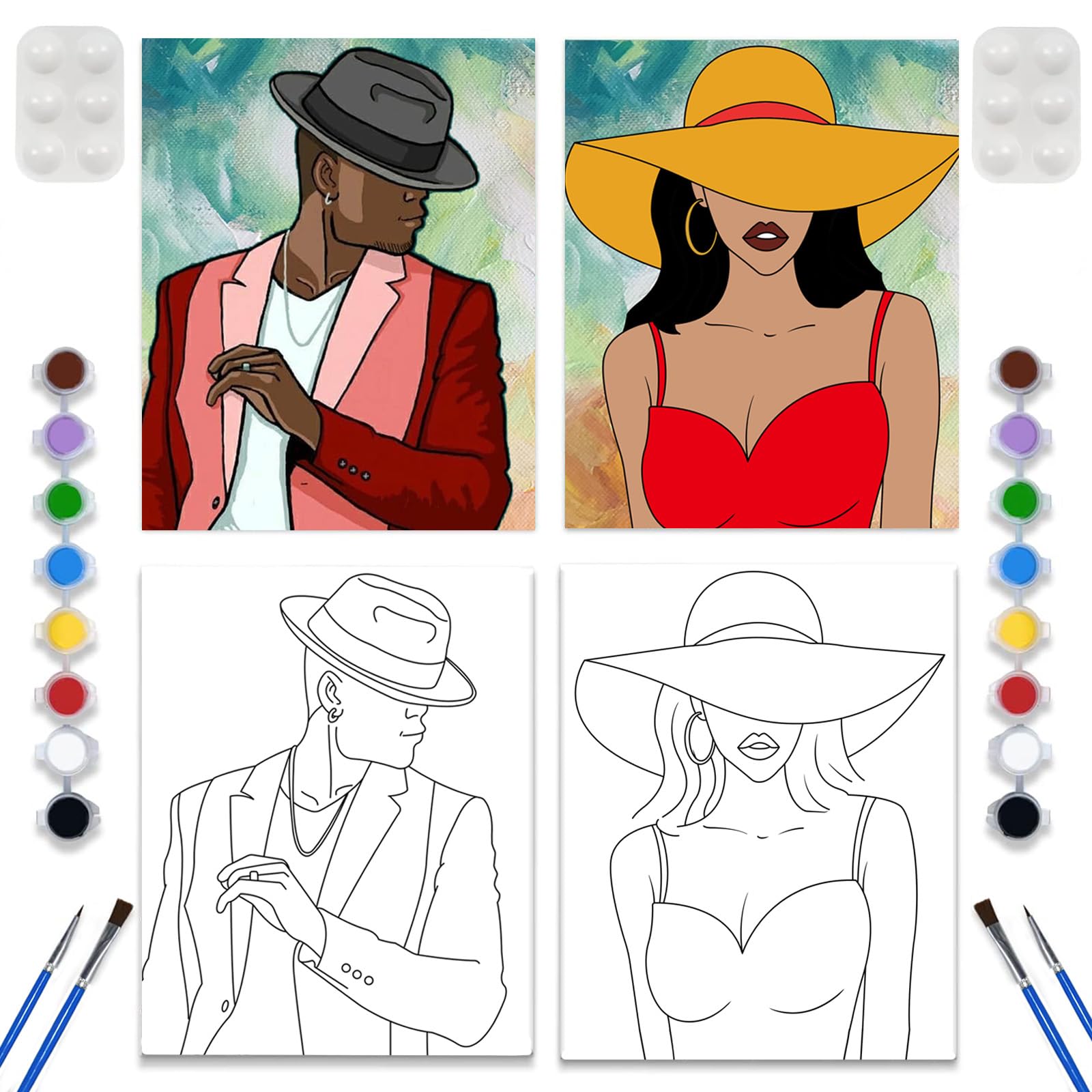 2 Pack Valentine's Day Paint and Sip Kit for Adults - 8x12 Pre-Drawn Canvas Painting Set with Brushes & Paints - Perfect for Couples Date Night, Girls Night Out & DIY Art Parties