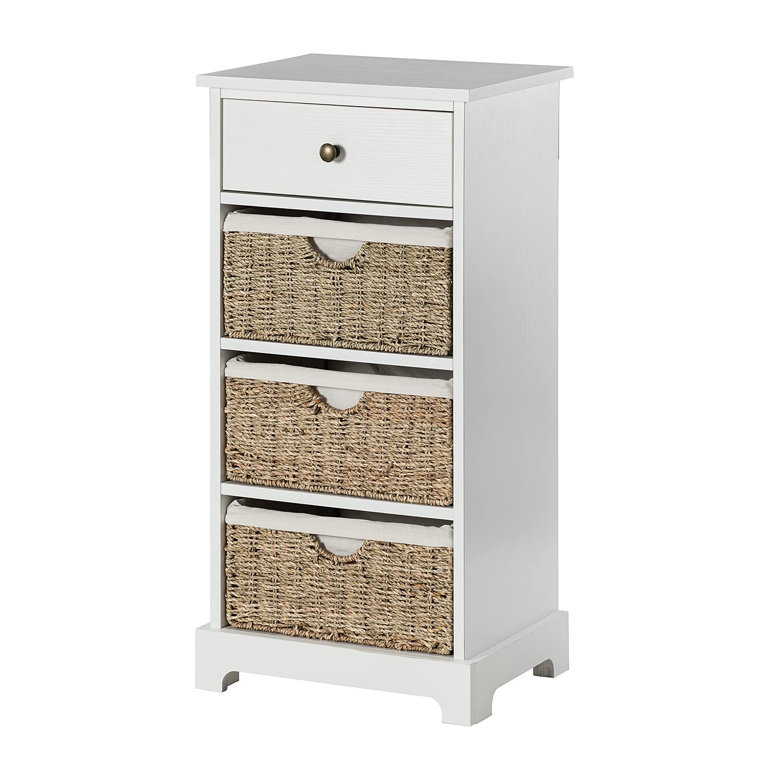 4-Drawer Farmhouse Accent Chest with 3 Removable Woven Baskets - White Storage Cabinet for Bedroom, Living Room & Entryway - Perfect as Nightstand, End Table or Entryway Organizer