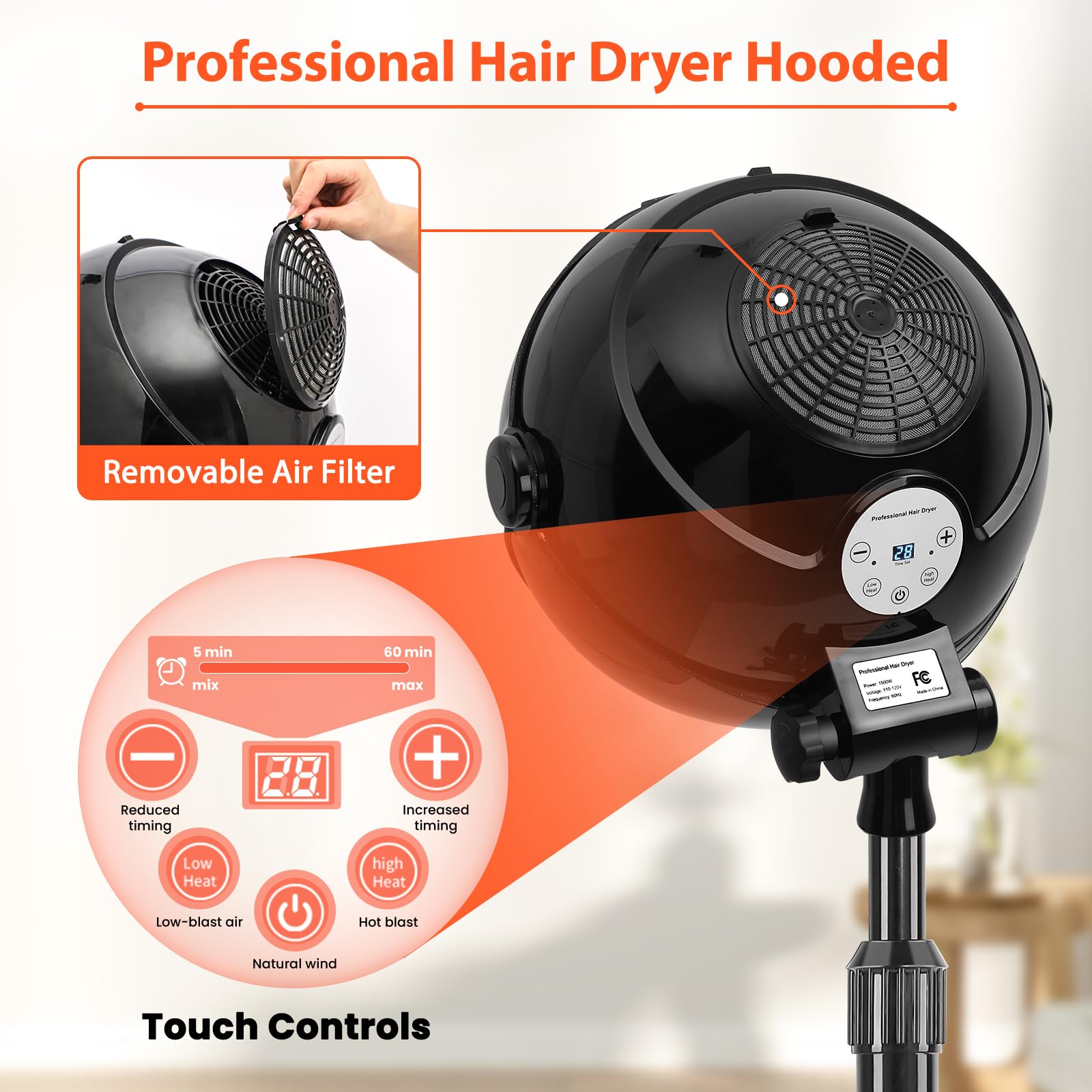 Professional Hooded Hair Dryer with Digital Display & Touch Controls - 3 Temperature Settings, Wheels for Easy Mobility - Salon & Home Use (Black) | Perfect for Hair Styling, Drying & Treatments in Salons or At Home