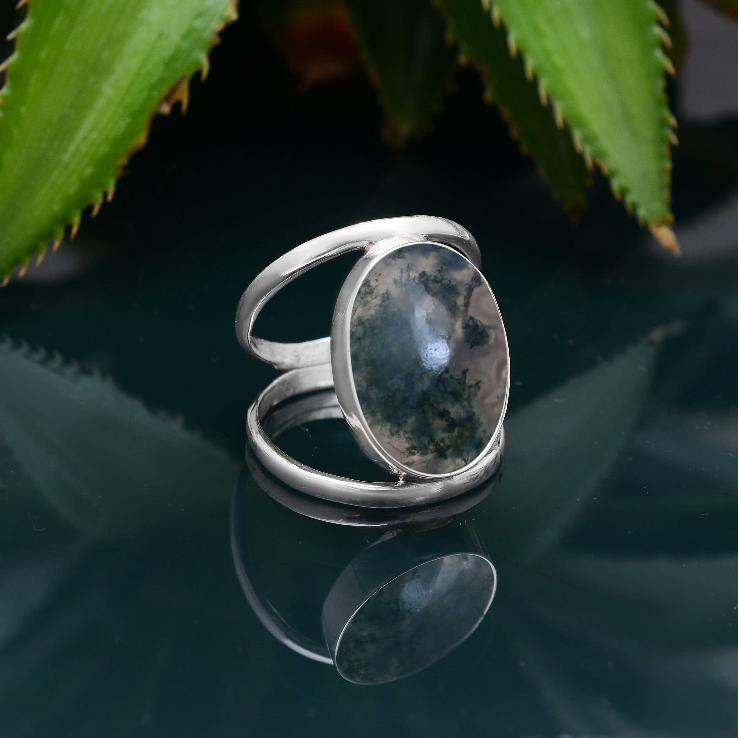 Veracity Jewelry Moss Agate Rings for Women - 925 Sterling Silver Healing Meditation Rings with Natural Green Gray Moss Agate Gemstone - Elegant Spiritual Jewelry for Yoga, Meditation & Everyday Wear - VSR-414