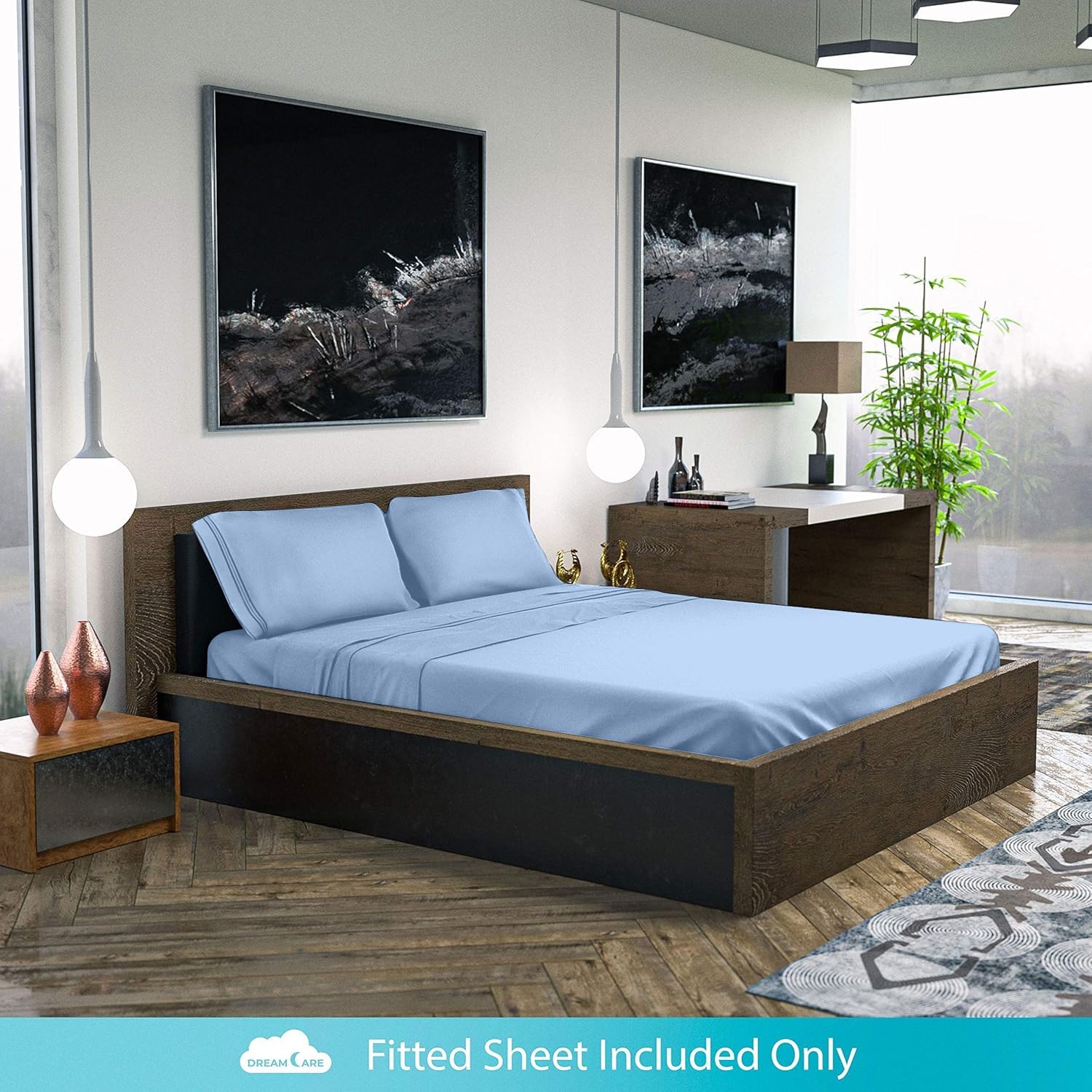DREAMCARE Twin XL Fitted Sheet - Extra Deep Pocket 21 Inch Mattress Cover - OEKO-TEX Certified Luxury Hotel Quality Bed Sheet - Soft Breathable Fabric (Light Blue) - Perfect for Guest Rooms, Dorms & Deep Mattresses