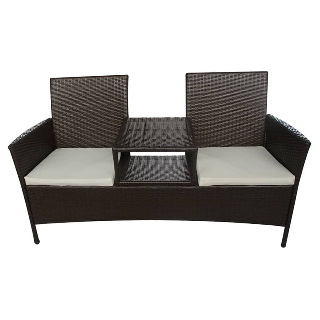 2-Seat Wicker Patio Bench with Middle Table & Cushions - Brown Poly Rattan Outdoor Seating for Backyard, Garden, Porch | Perfect for Relaxing, Entertaining & Outdoor Dining