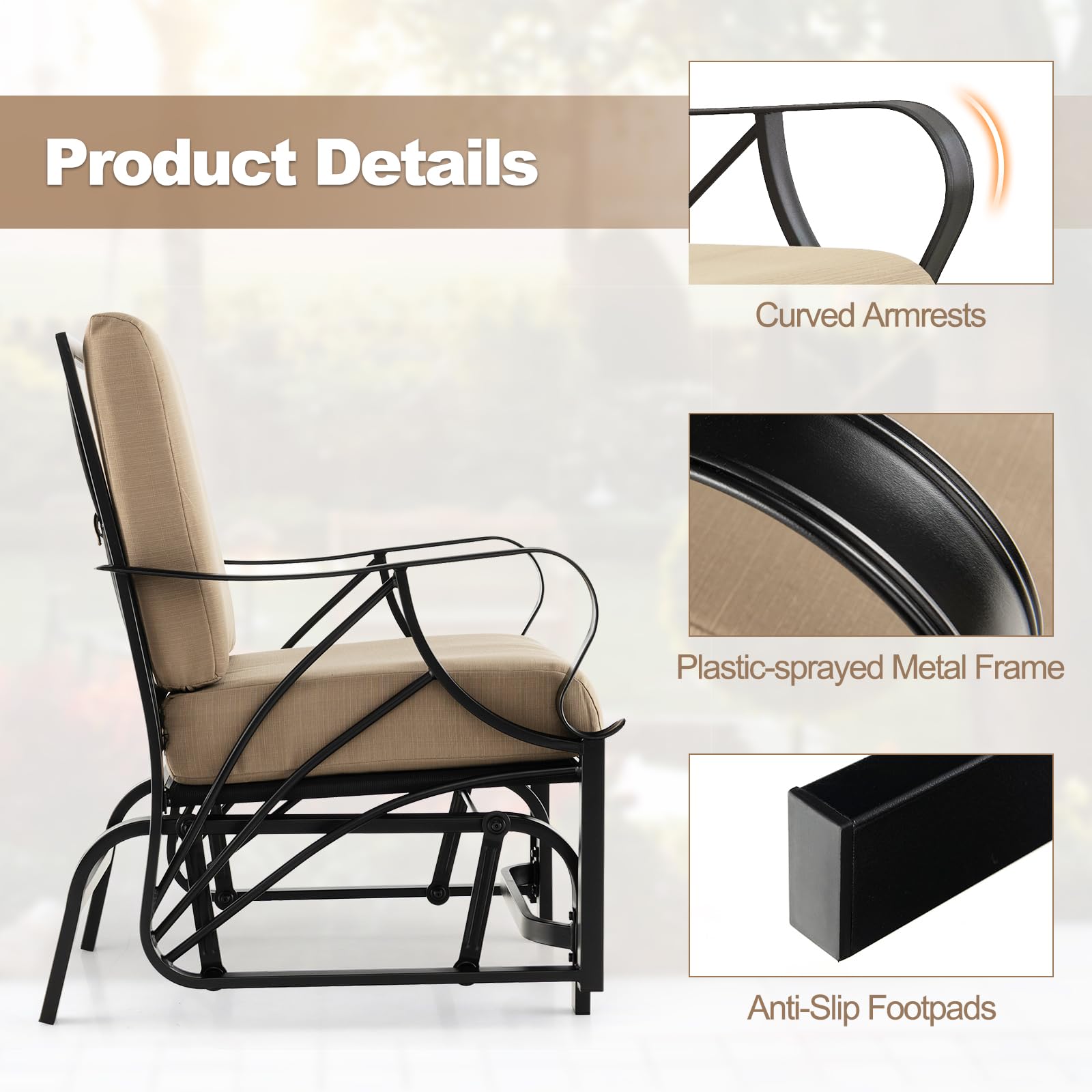 Tangkula Outdoor Patio Glider - Heavy Duty Metal Frame Rocking Chair with Comfortable Cushion, Ergonomic Design & Curved Armrests for Smooth Gliding Motion - Perfect for Porch, Garden, Deck or Backyard Relaxation (Set of 2)