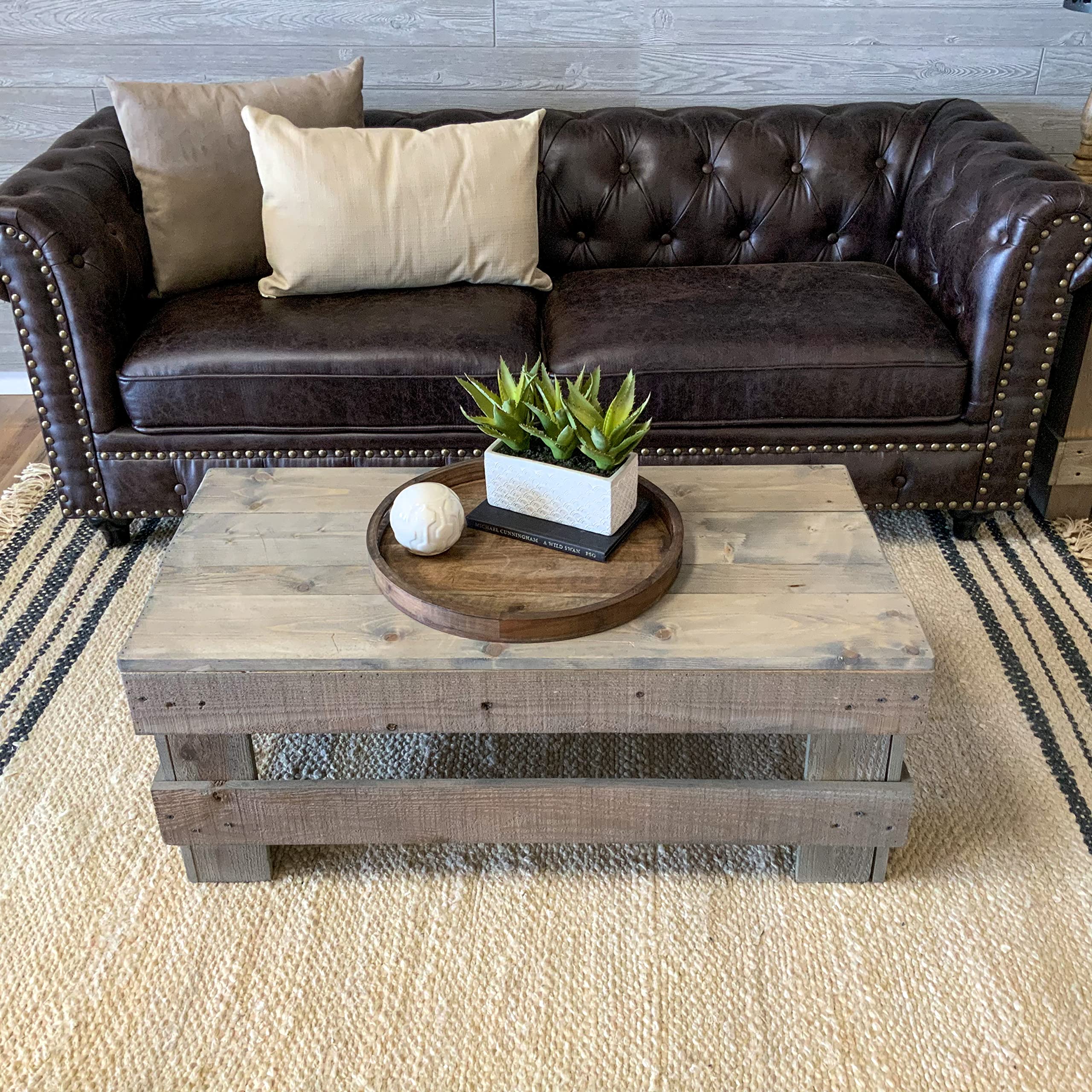 Solid Pine Wood Rustic Coffee Table for Living Room - Distressed Grey Finish | Farmhouse Style Furniture for Home Decor & Cozy Gatherings