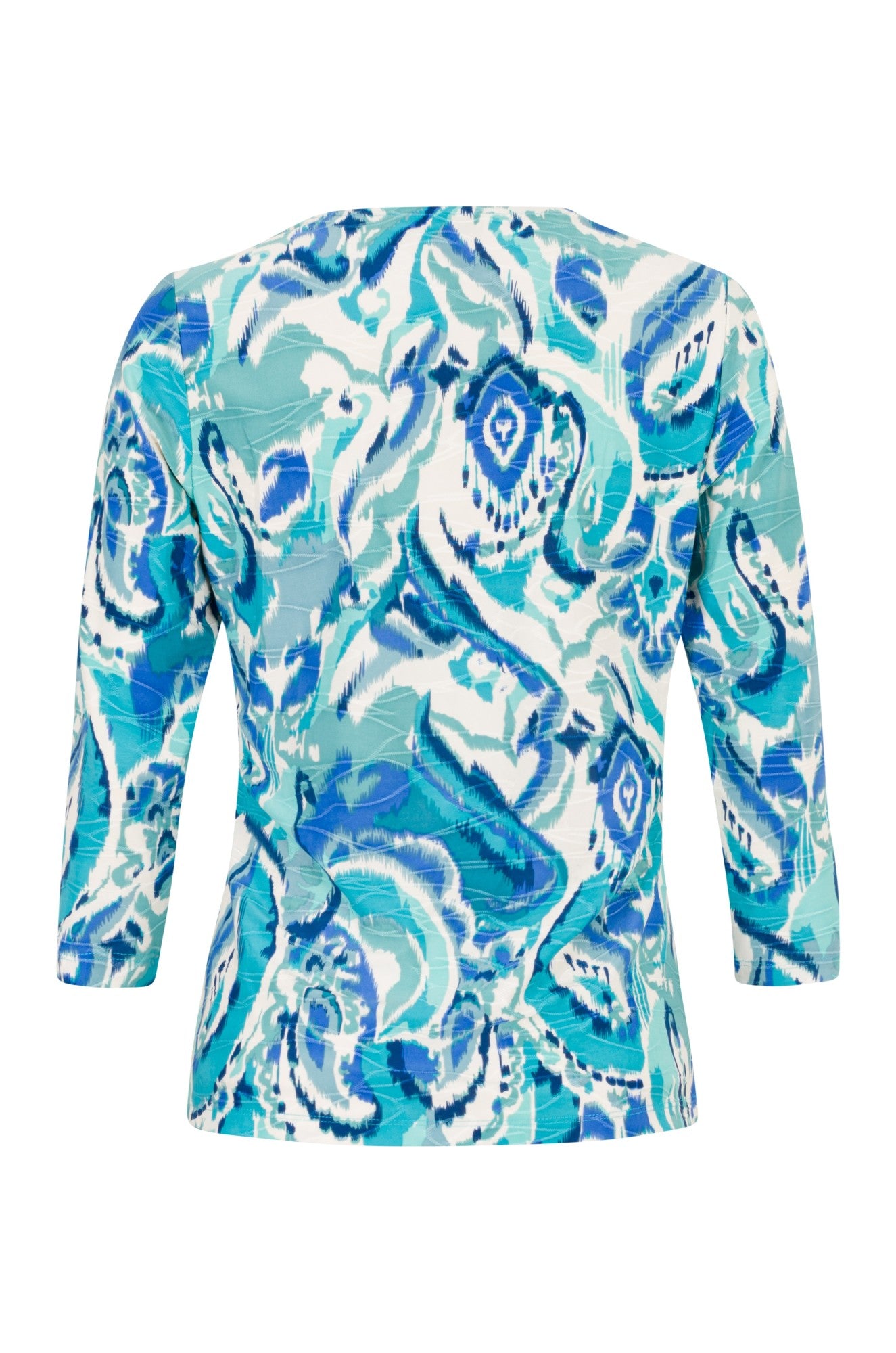 3/4 Sleeve Women's Tops with Neckline Gather - Sage Blues Abstract Print Blouse 9121A1 | Casual Office Wear & Spring Outfits