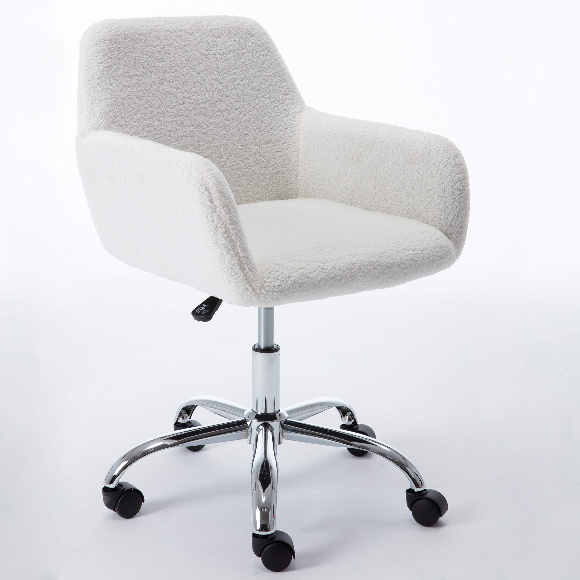 Fluffy Pink Faux Fur Swivel Desk Chair with Wheels - Adjustable Height Vanity Chair for Makeup Room, Teen Girls Bedroom & Home Office - Soft Computer Chair for Study, Gaming & Workspace (White)
