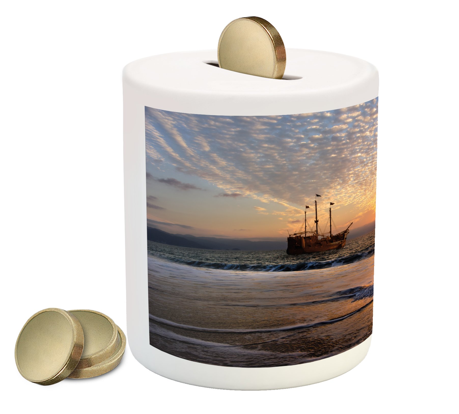 Ambesonne Nautical Ceramic Piggy Bank - Pirate Ship Sailing in Waves with Moon Sky Surreal Scenery - Money Saving Coin Bank for Kids & Adults - Perfect for Home Decor, Birthday Gifts & Cash Savings