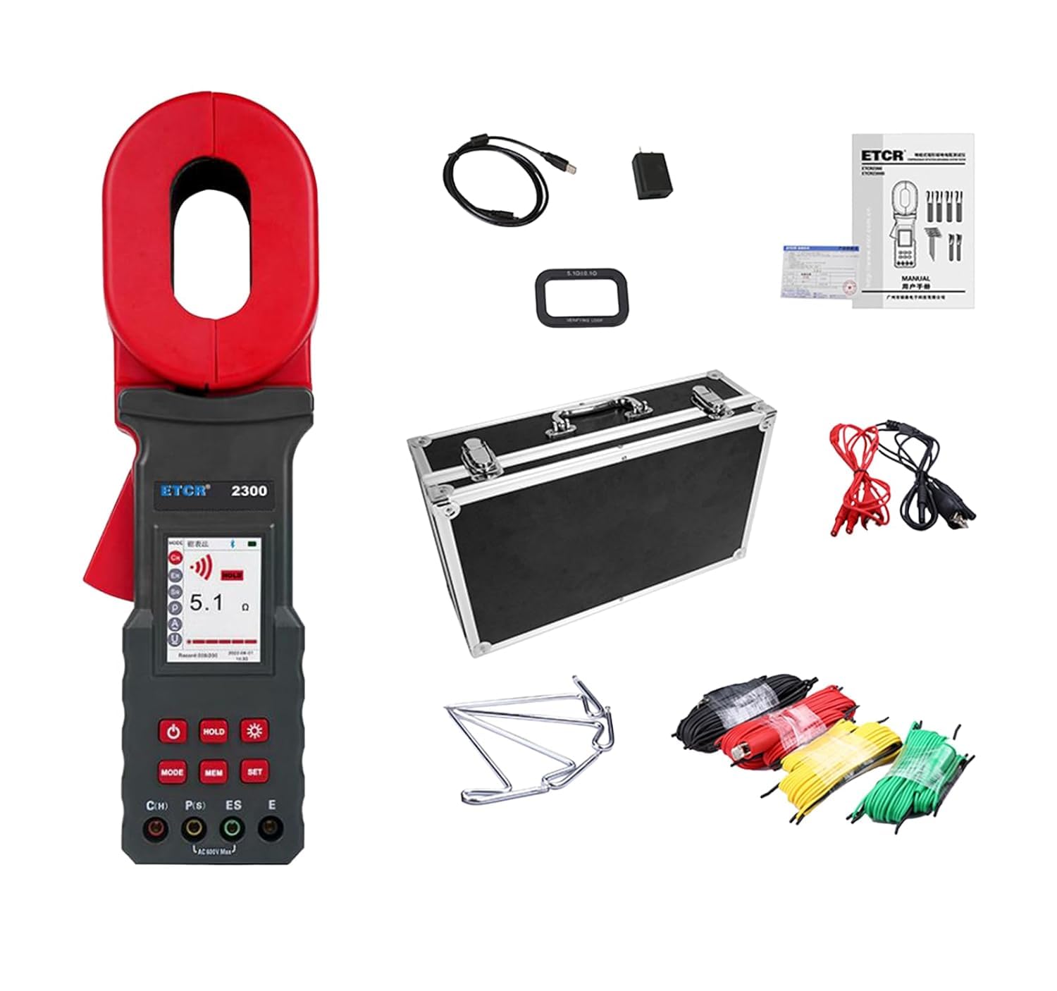 ETCR2300 Digital Ground Resistance Tester - 0.00Ω-20kΩ Soil Resistivity Meter with Clamp, Earth Resistance & Loop Resistance Measurement (0.00Ωm-9999kΩm, 0.000mA-20A, 0.0V-600.0V) - Ideal for Electrical Safety Testing, Grounding System Maintenance and Industrial Applications