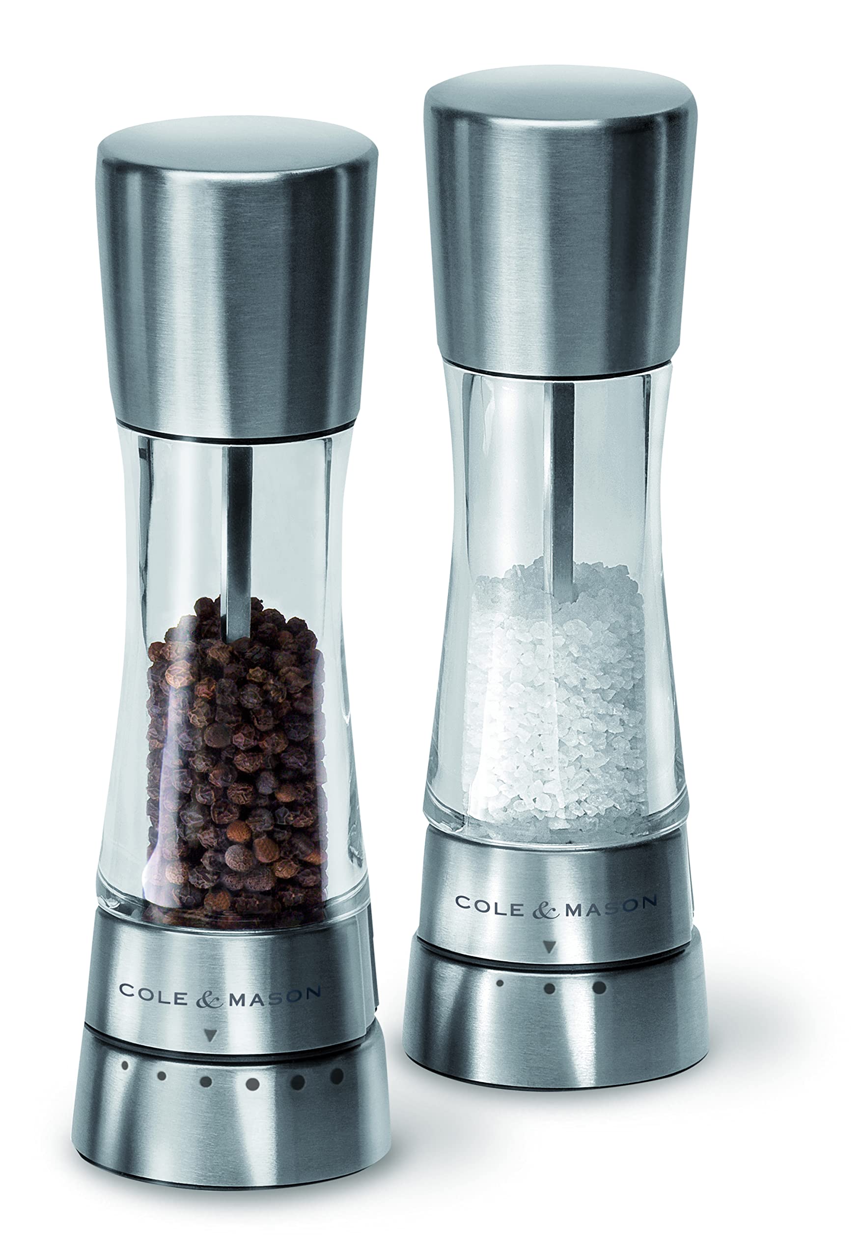 Cole & Mason Derwent Salt and Pepper Grinder Set - Adjustable Coarseness, Premium Stainless Steel & Acrylic Design, 7.5