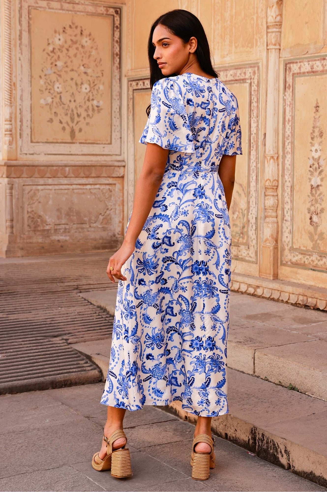 Anais Hammered Satin Dress - Floral Paisley Print in Cream & Blue | Elegant Evening Gown for Cocktail Parties, Weddings & Special Occasions