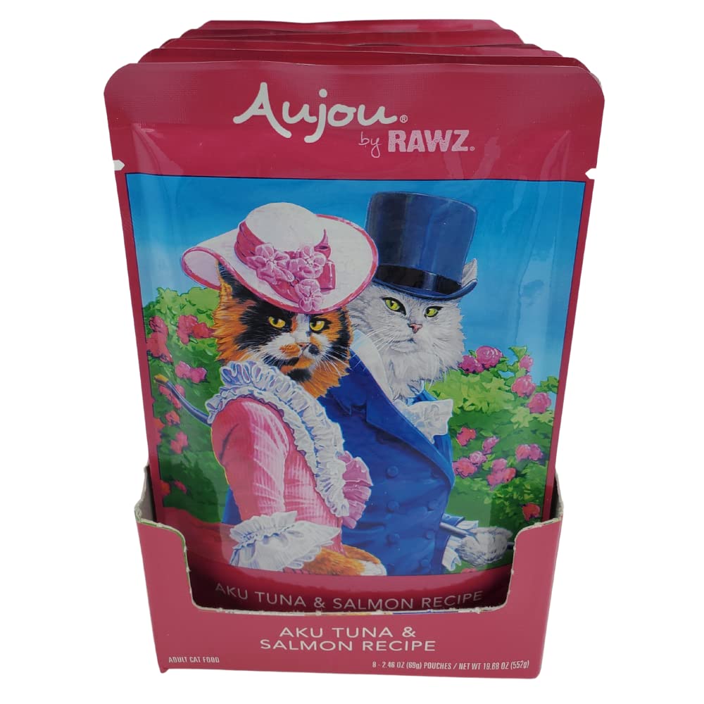 Premium Rawz Aujou Aku Tuna & Salmon Cat Food - Grain-Free, High-Protein Wet Cat Food (8 Pack of 2.46 oz Pouches) - Perfect for Adult Cats & Kittens with Sensitive Stomachs - Ideal for Mealtime, Travel & Outdoor Adventures