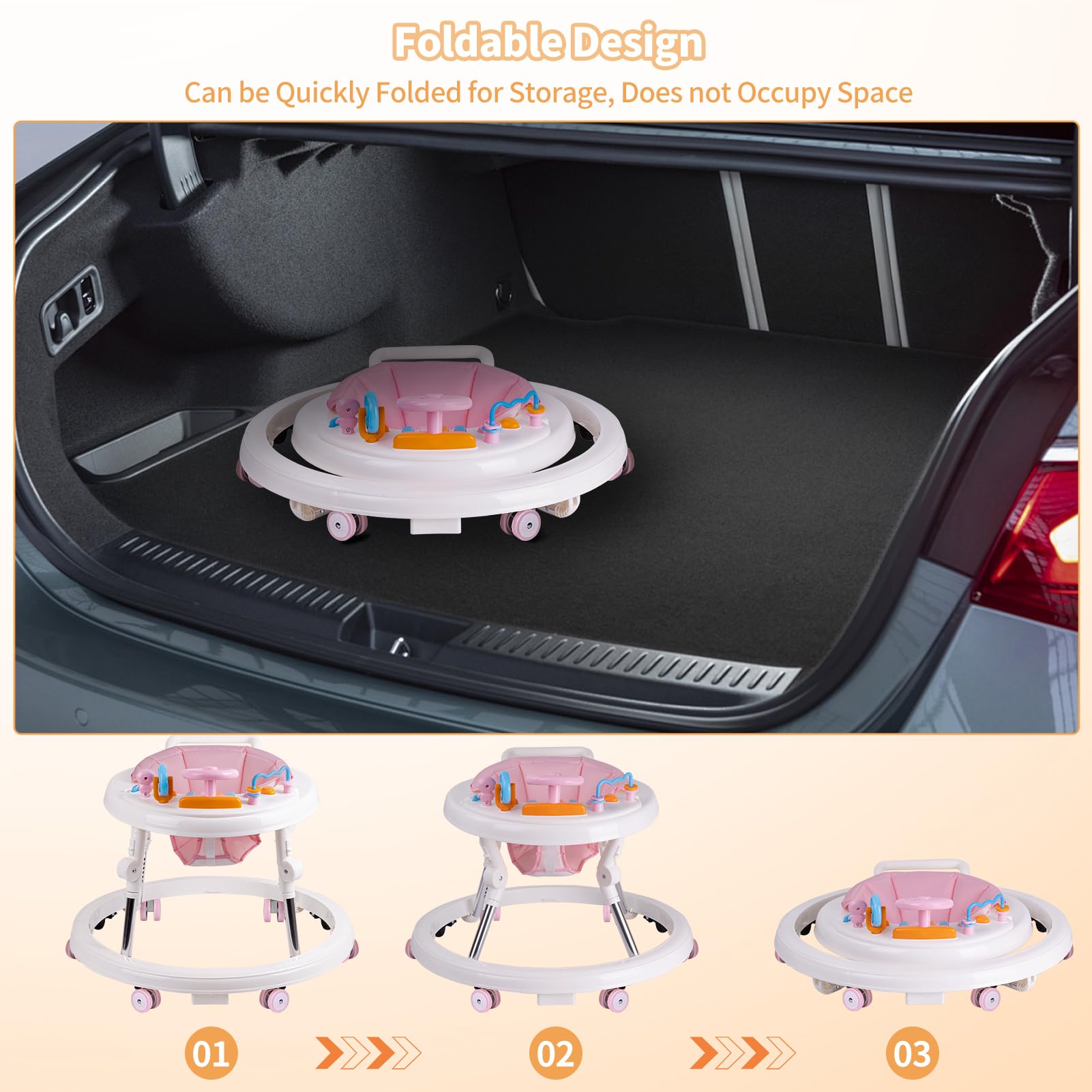 9-Speed Adjustable Foldable Baby Walker with Activity Center, Feeding Tray & Music | Push Handle, Footrest & Silent Wheels for Safety | Anti-Rollover Design for Boys & Girls (6-18 Months) | Perfect for Learning to Walk, Playtime & Indoor Activities