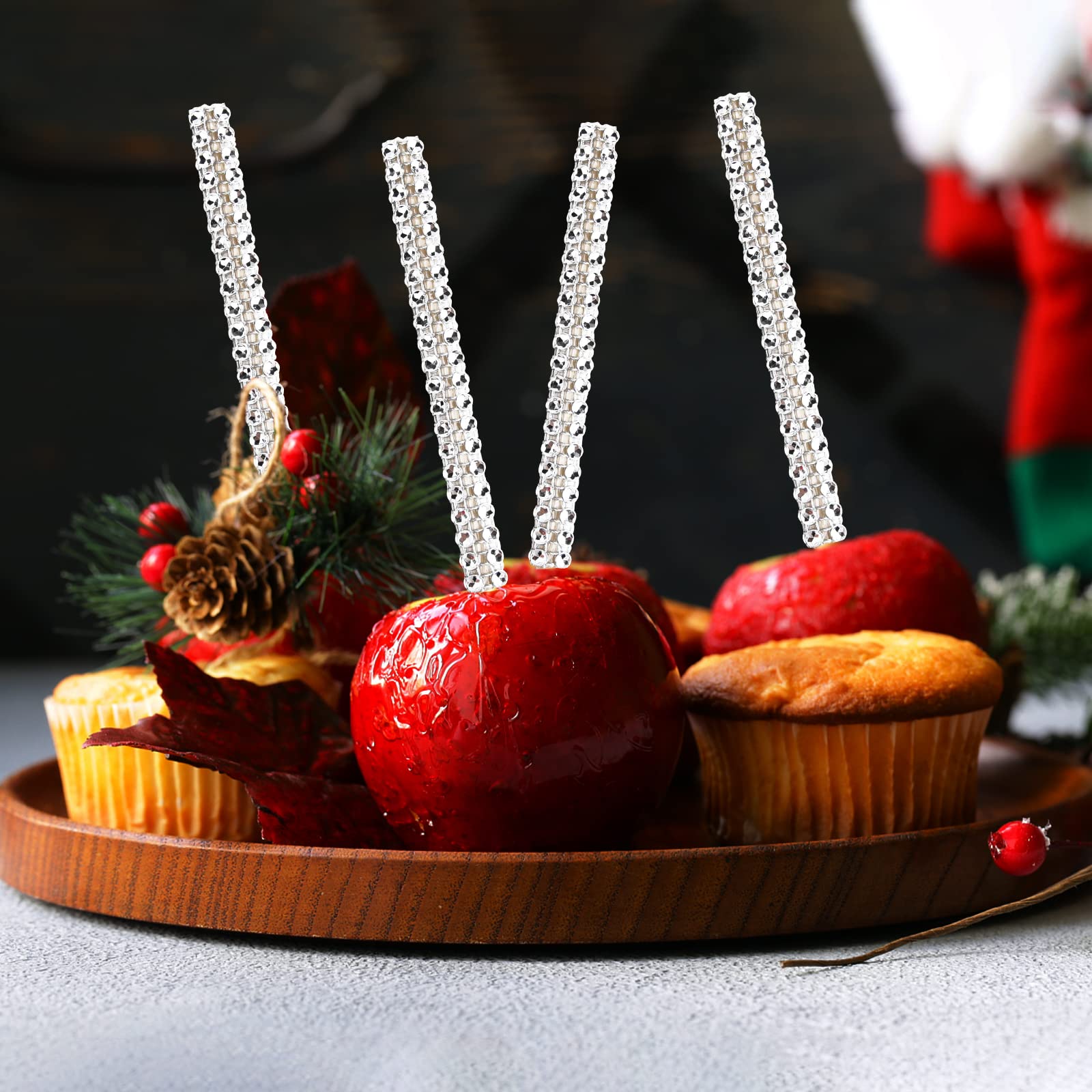 ASTARON 24 Pack Glitter Bling Candy Apple Sticks and Bags - Complete Toffee Apple Making Kit with Glitter Ribbon & Chocolate Apple Packaging - Perfect for Candy Apple Supplies, DIY Treats, Party Favors, Halloween, Christmas and Holiday Gift Giving