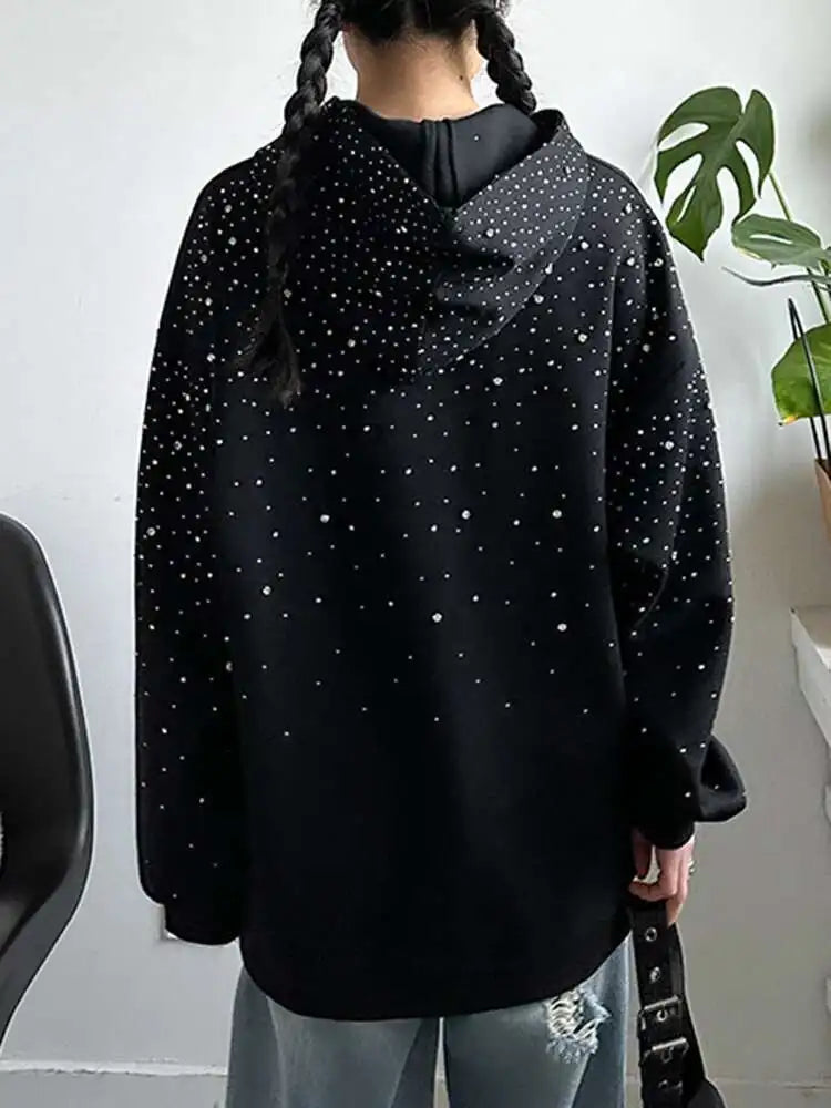 Black Rhinestone Embellished Thick Hooded Sweatshirt for Women - Oversized Long Sleeve Pullover | Trendy Spring & Fall 2025 Fashion | Perfect for Casual Outings, Streetwear & Layering
