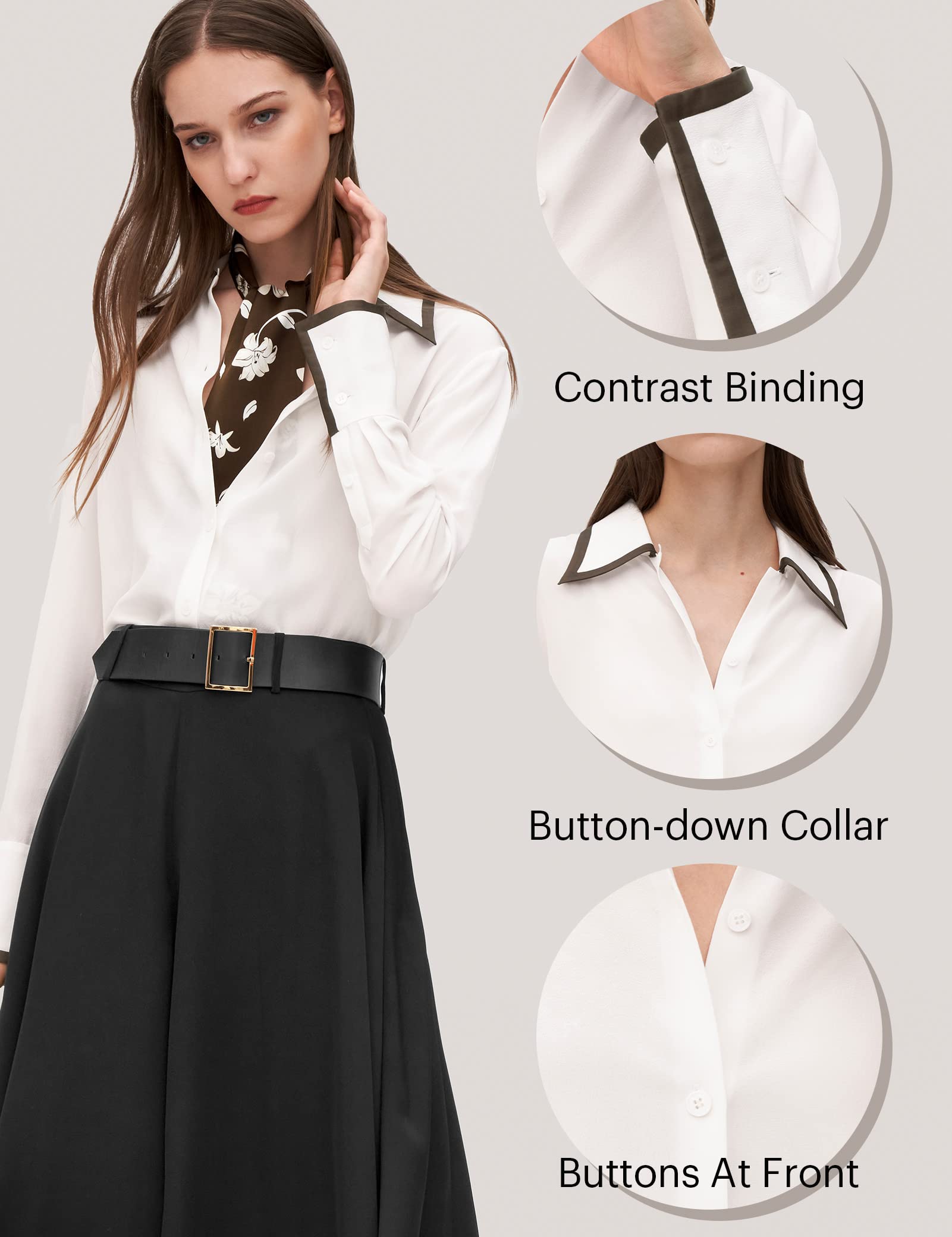 Luxury LilySilk Women's Silk Blouse with Contrast Piping - Elegant Willow Print Shirt Tops for Work, Party & Special Occasions