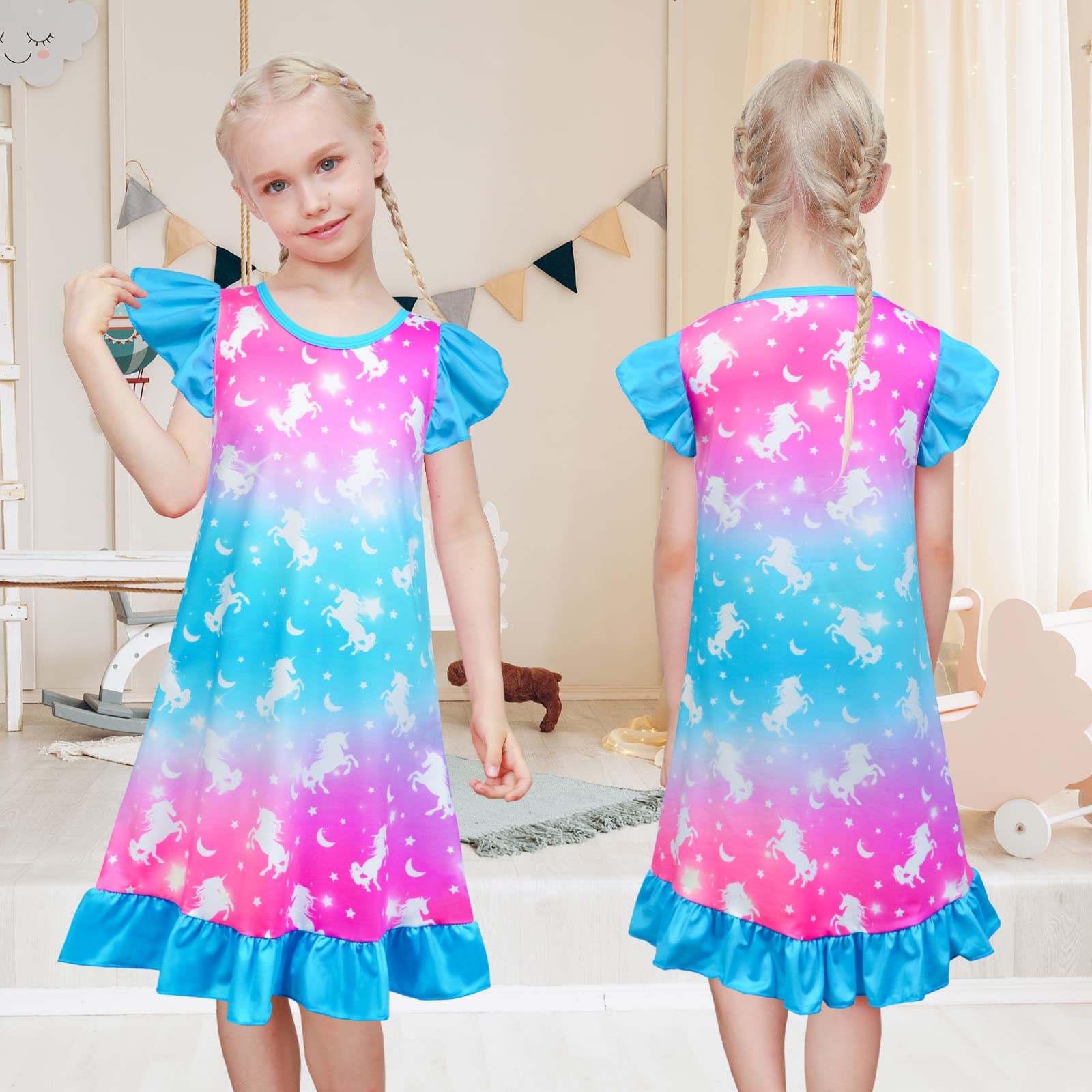 2-Pack Girls Nightgowns - Unicorn & Mermaid Pajama Set for Toddler Girls 3-9 Years | Princess Sleepwear for Kids | Soft & Comfortable for Bedtime, Sleepovers & Playtime
