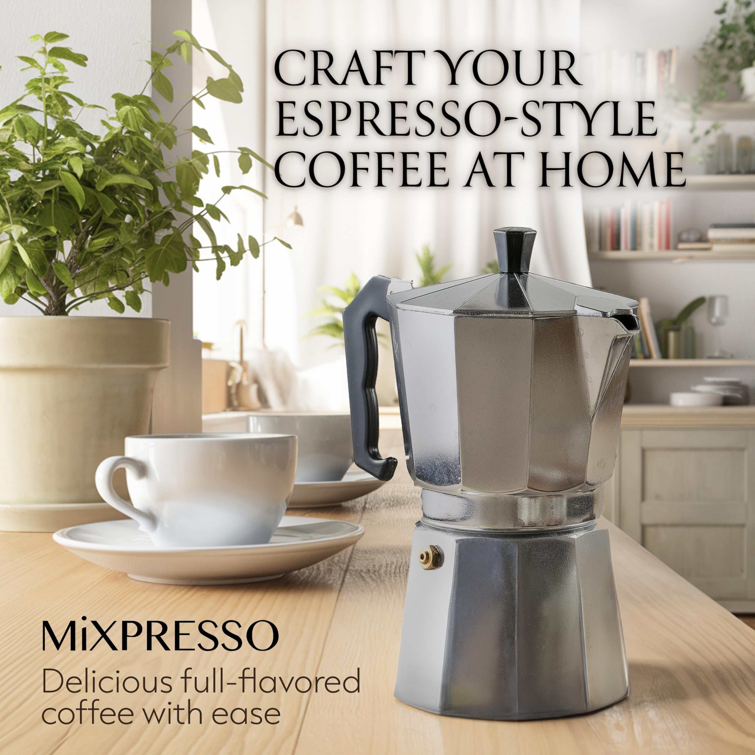 Mixpresso 6 Cup Moka Pot - Classic Italian Stovetop Espresso Maker for Gas & Electric Stoves - Perfect for Cuban Coffee, Camping & Home Brewing (10 Oz, Makes 6 Espresso Cups) - Ideal for Kitchen, Outdoor Adventures & Coffee Lovers