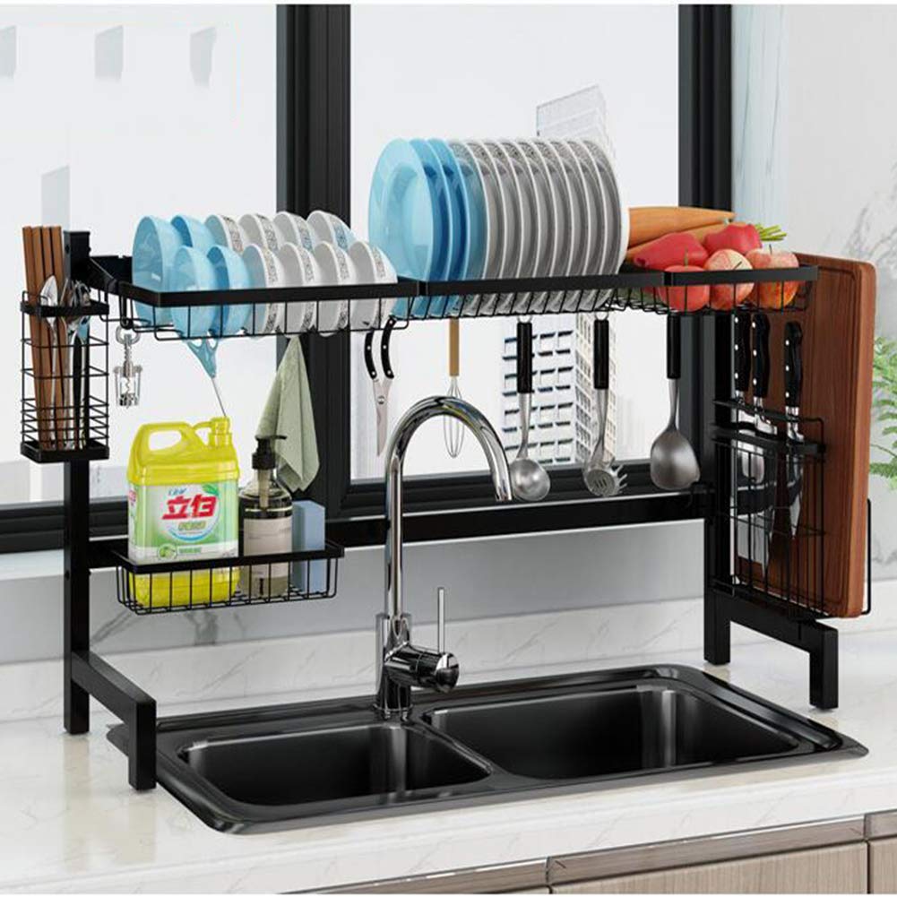 Stainless Steel Over The Sink Dish Drying Rack - Large Compact 28 Inch (72cm) Single Tier Dish Drainer with Utensil Holder - Black - Perfect for Small Kitchen Countertops & Apartment Sinks