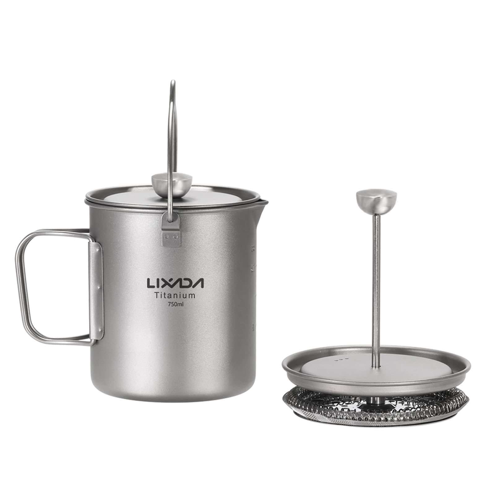 Lixada 750ml Titanium Camping Pot - Lightweight French Press Coffee Maker & Cooking Pot with Folding Titanium Spoon - Perfect for Backpacking, Hiking & Outdoor Adventures