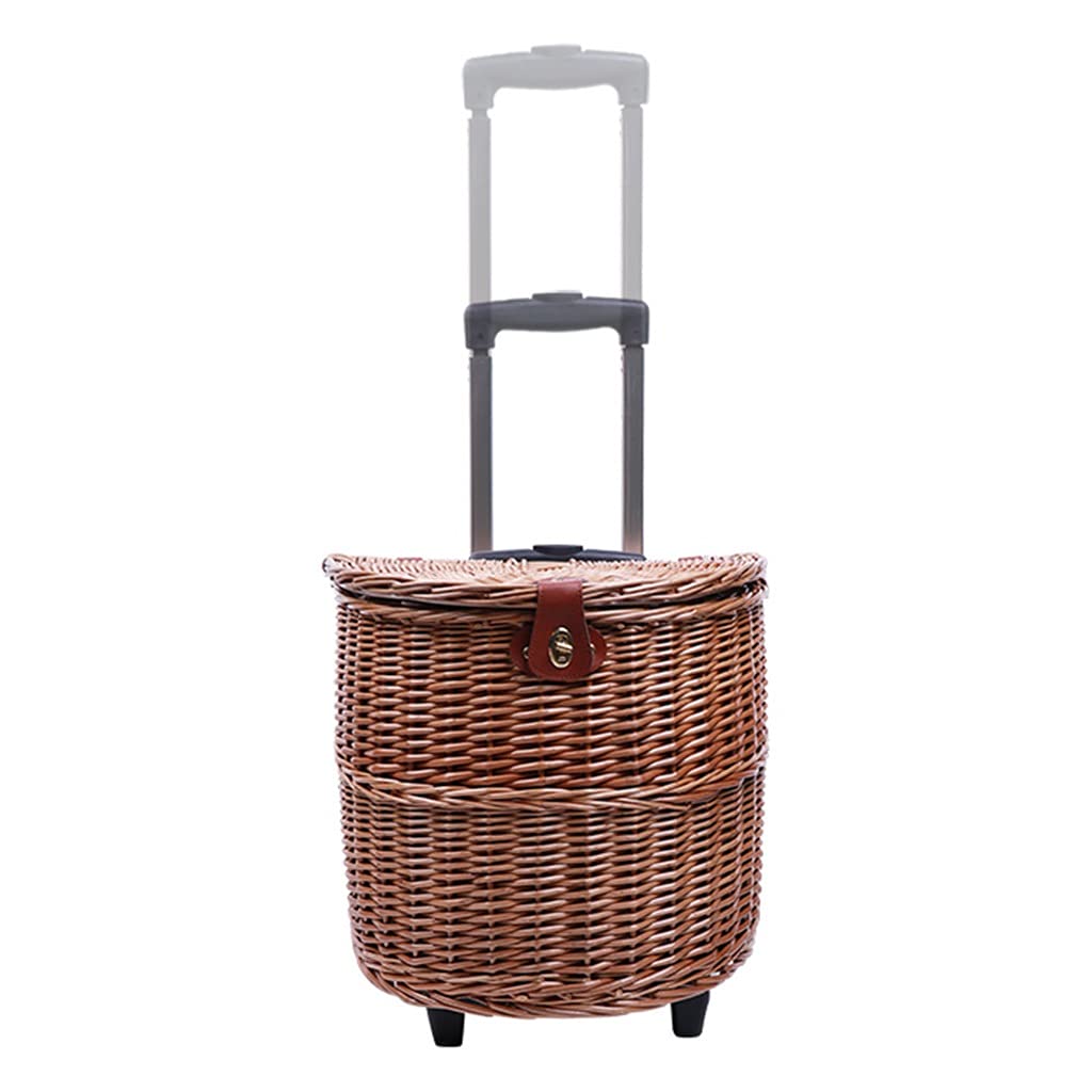 Premium Large Capacity Wicker Picnic Basket with Lid & Wheels - Outdoor Camping, Beach, Park Picnics - Rattan Shopping Basket & Photo Prop (Brown, 41x28.5x42cm)