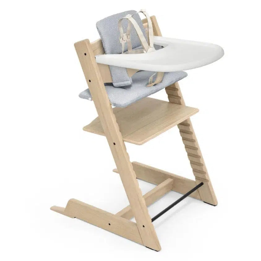 Stokke Tripp Trapp High Chair with Cushion & Tray - Natural Oak & Nordic Blue | Adjustable Baby Feeding Chair for Modern Kitchens & Dining Rooms