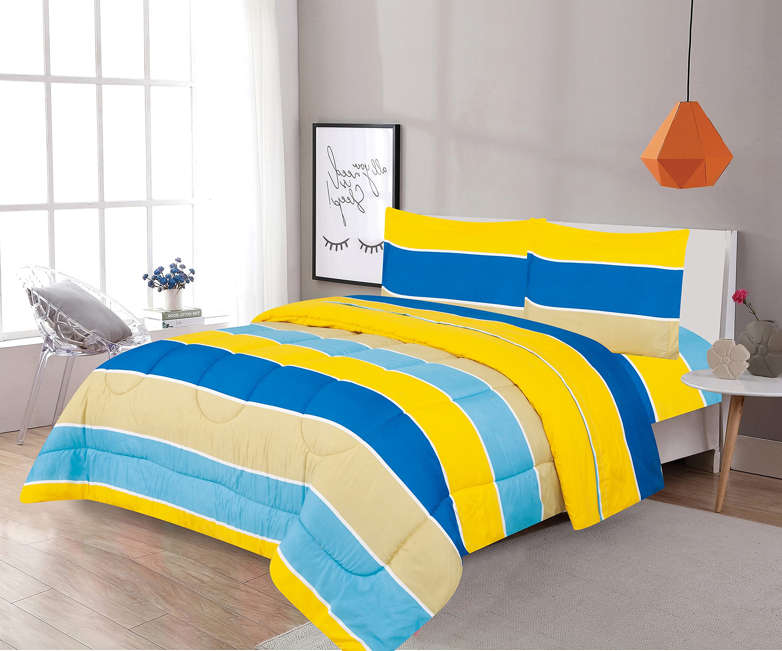 Sapphire Home 5-Piece Kids' Toddler Bedding Set - Twin Size Comforter with Shams, Blue & Yellow Stripes - Soft & Breathable Bed Sheets for Boys & Girls - Perfect for Nursery, Daycare or Kids' Bedroom Decor